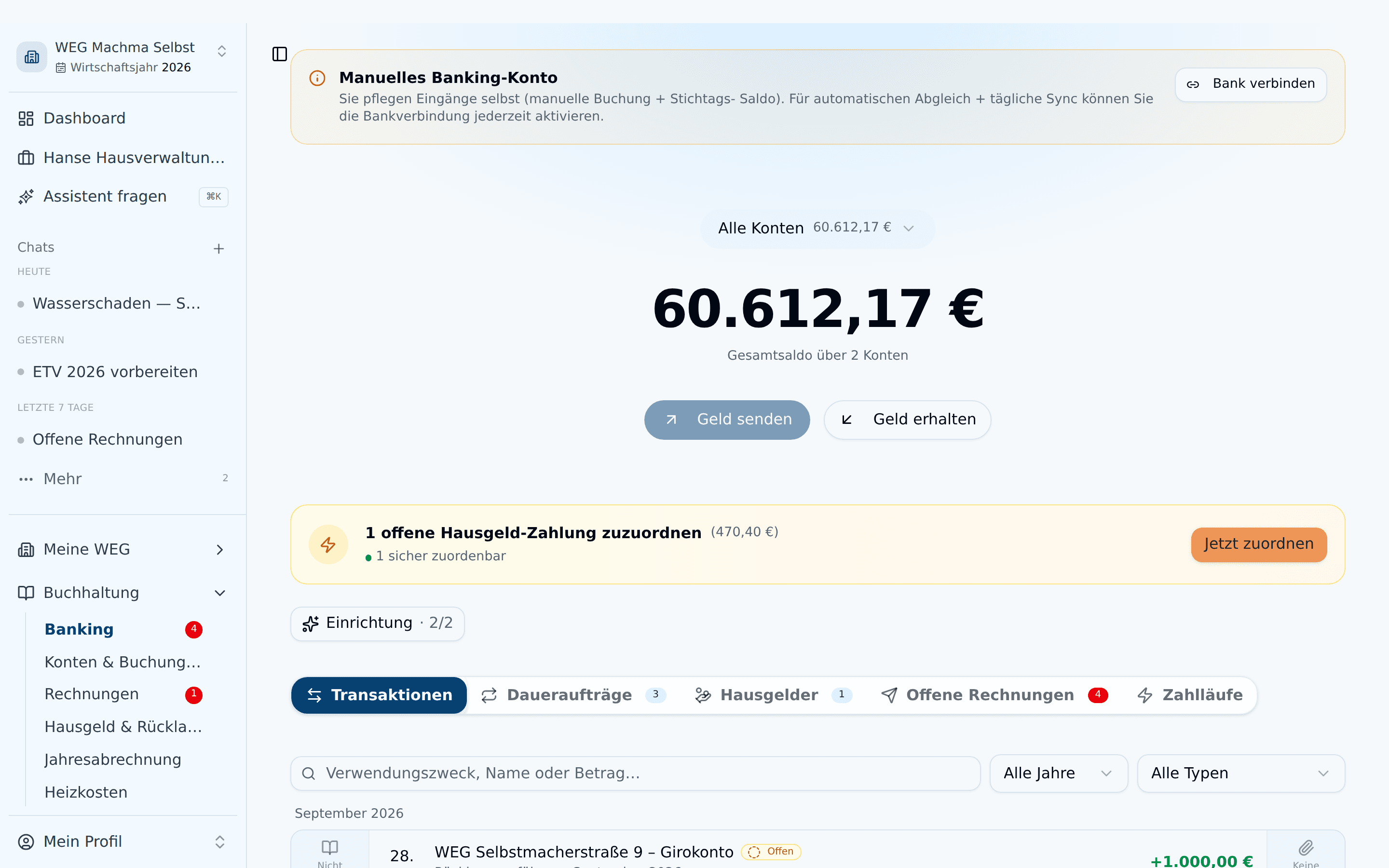 Banking mit Kontowahl, Saldo, den Buttons Geld senden und Geld erhalten sowie den Tabs