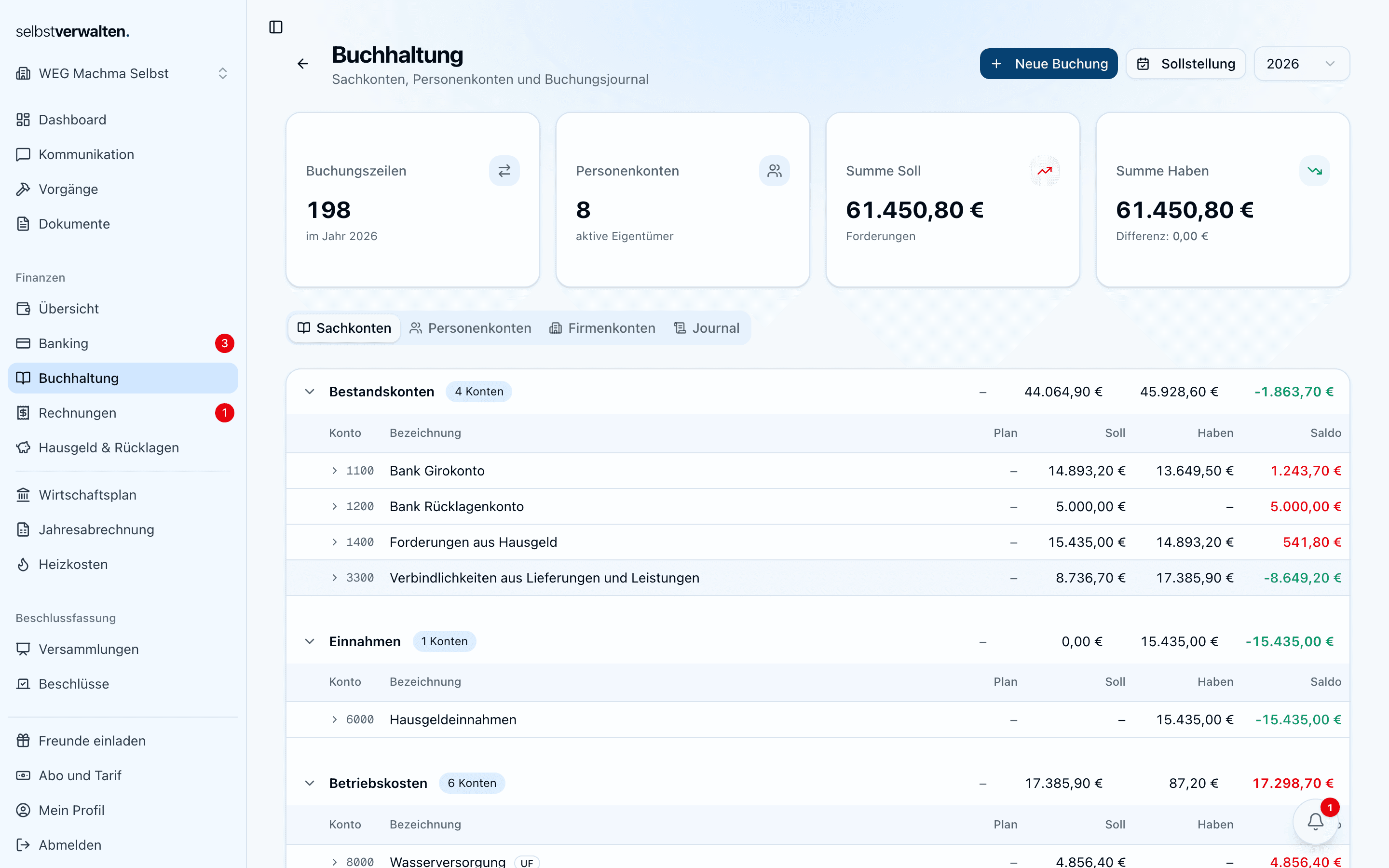 Buchungsübersicht mit Soll und Haben