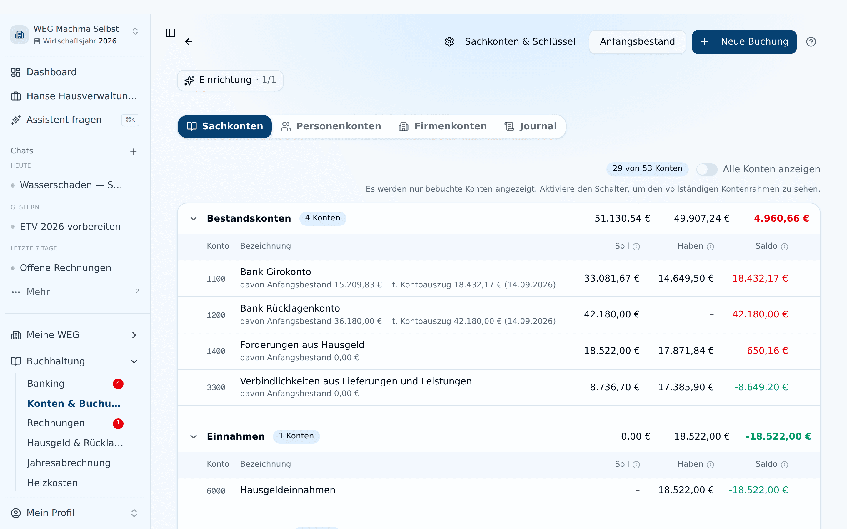 Konten & Buchungen mit dem Tab Personenkonten neben Sachkonten, Firmenkonten und Journal