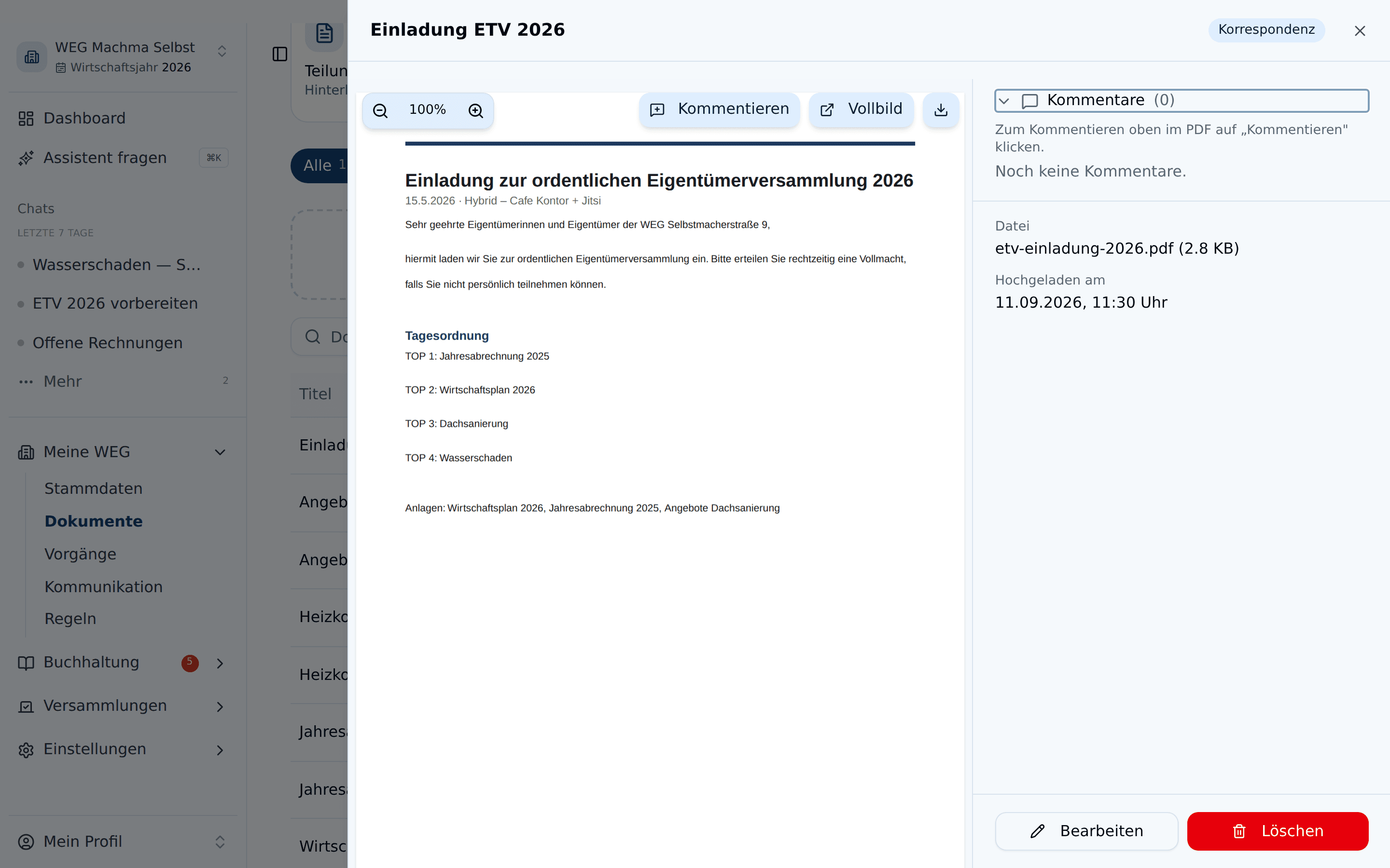 Geöffnetes Dokument mit PDF-Vorschau, Button „Kommentieren" und Kommentar-Bereich