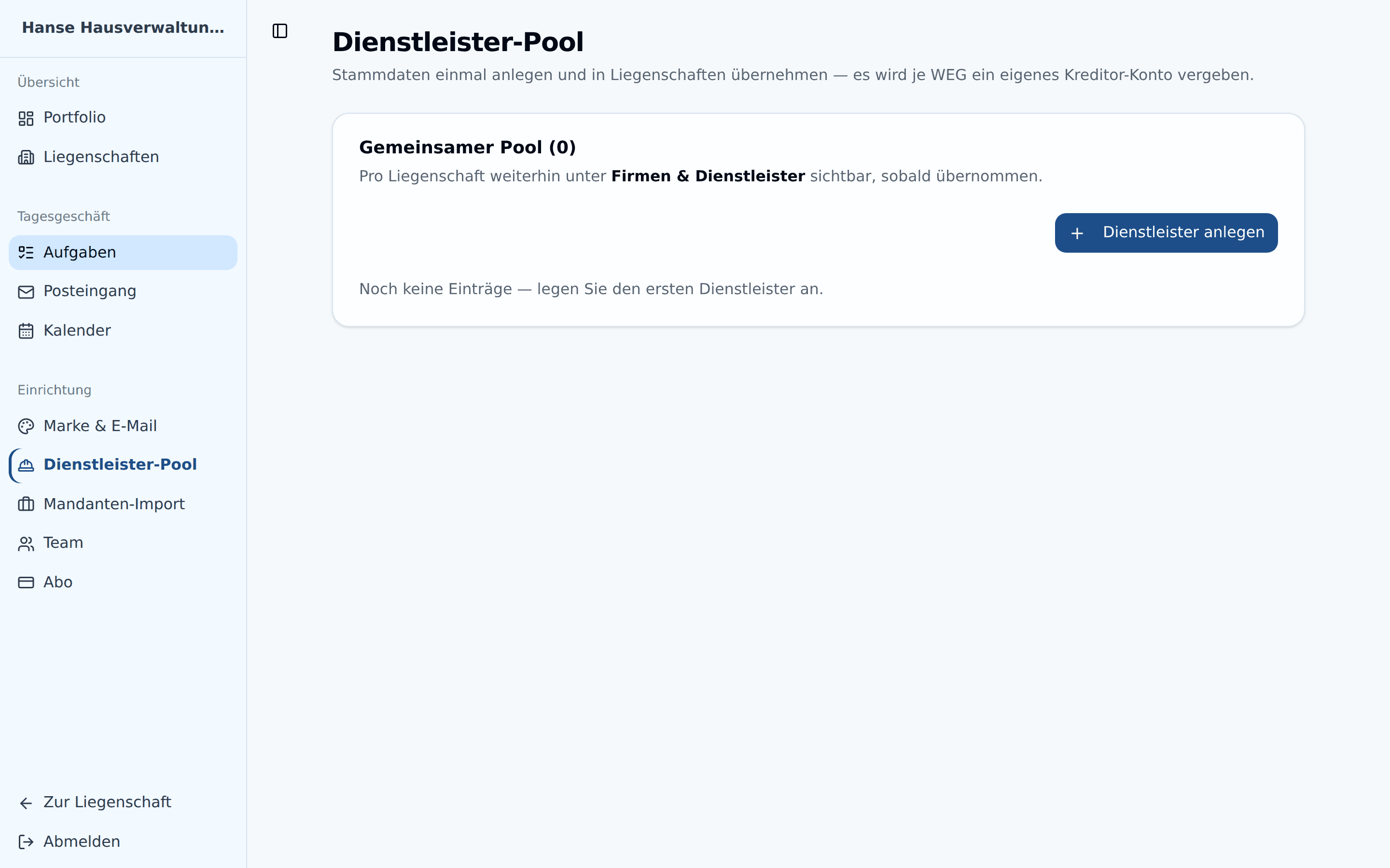 Dienstleister-Pool einer Hausverwaltung, noch leer, mit dem Button Dienstleister anlegen