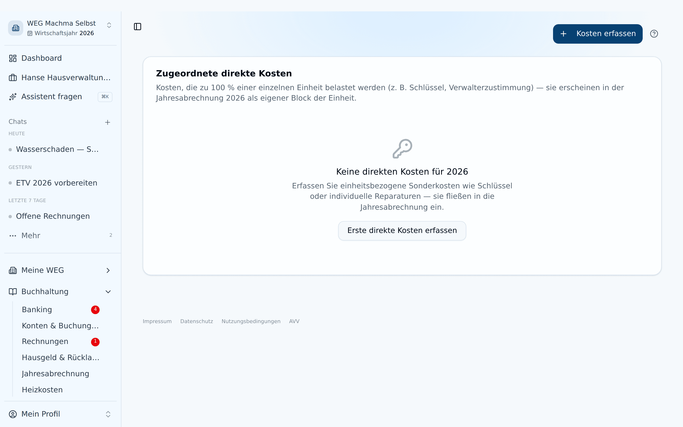 Direkte Kosten ohne Einträge mit dem Button Kosten erfassen