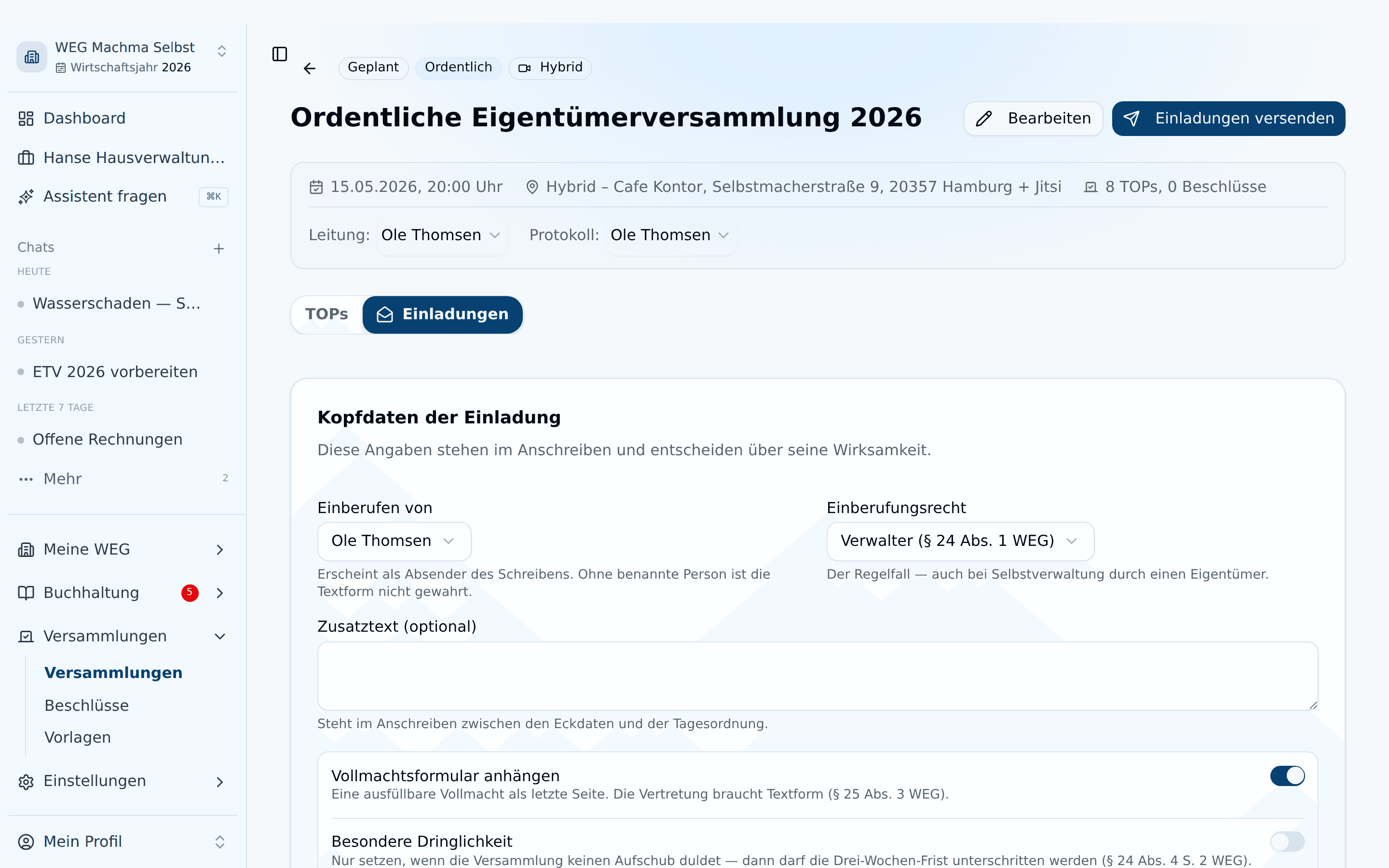 Tab Einladungen einer geplanten Versammlung mit den Kopfdaten Einberufen von, Einberufungsrecht, Zusatztext und Vollmachtsformular