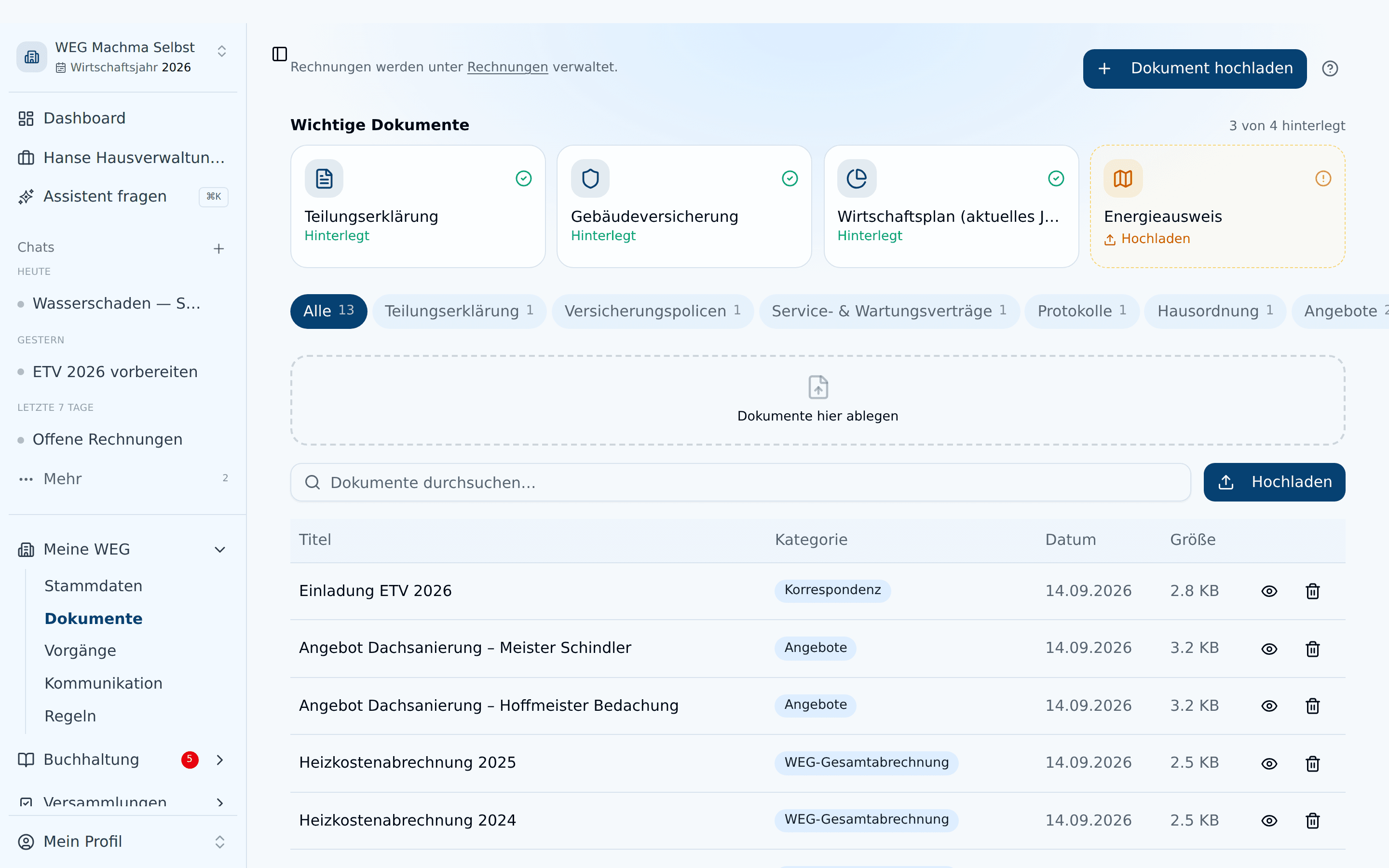 Dokumentenarchiv mit Kategorien und Suchfunktion