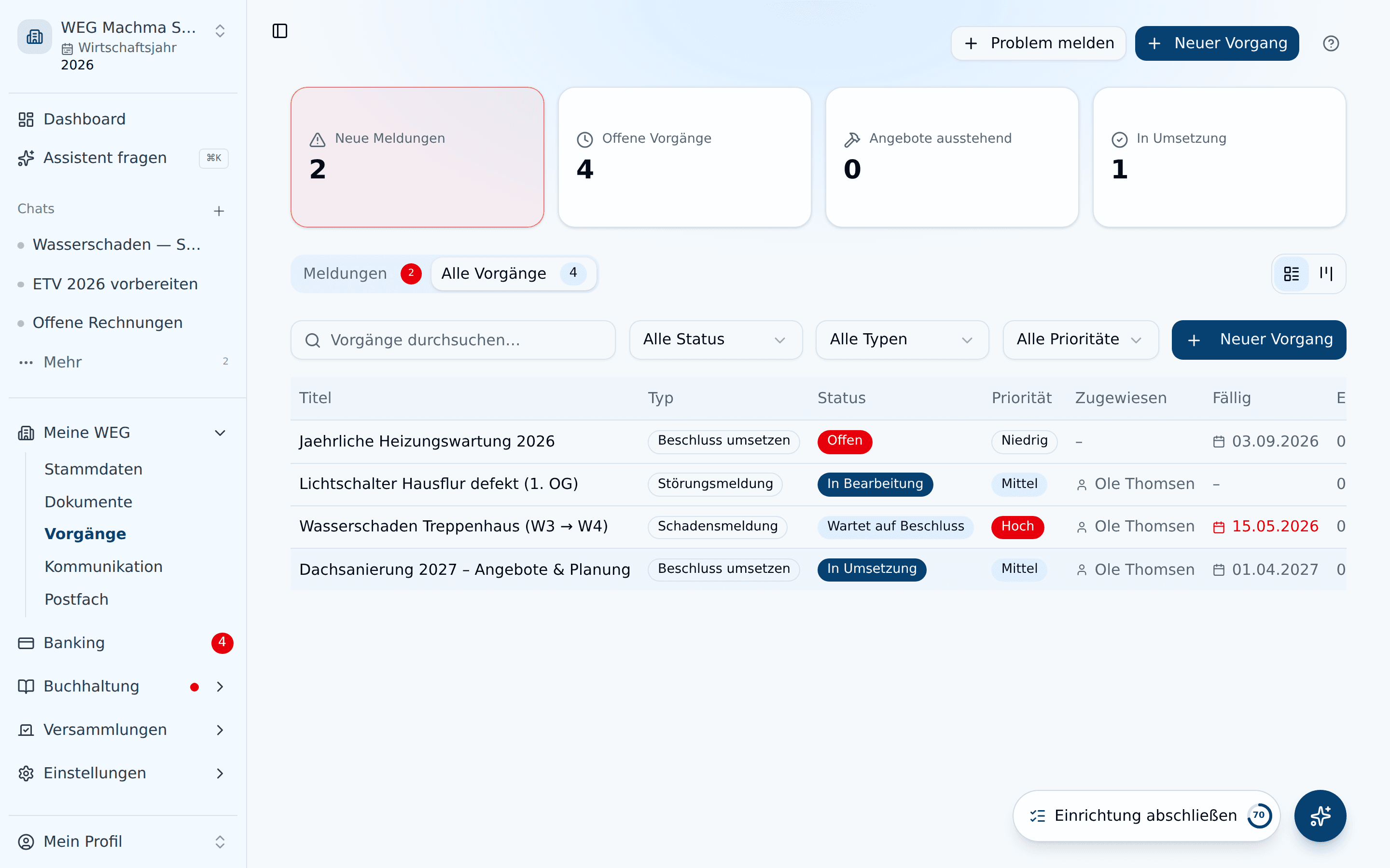 Vorgangsliste mit Status und Priorität
