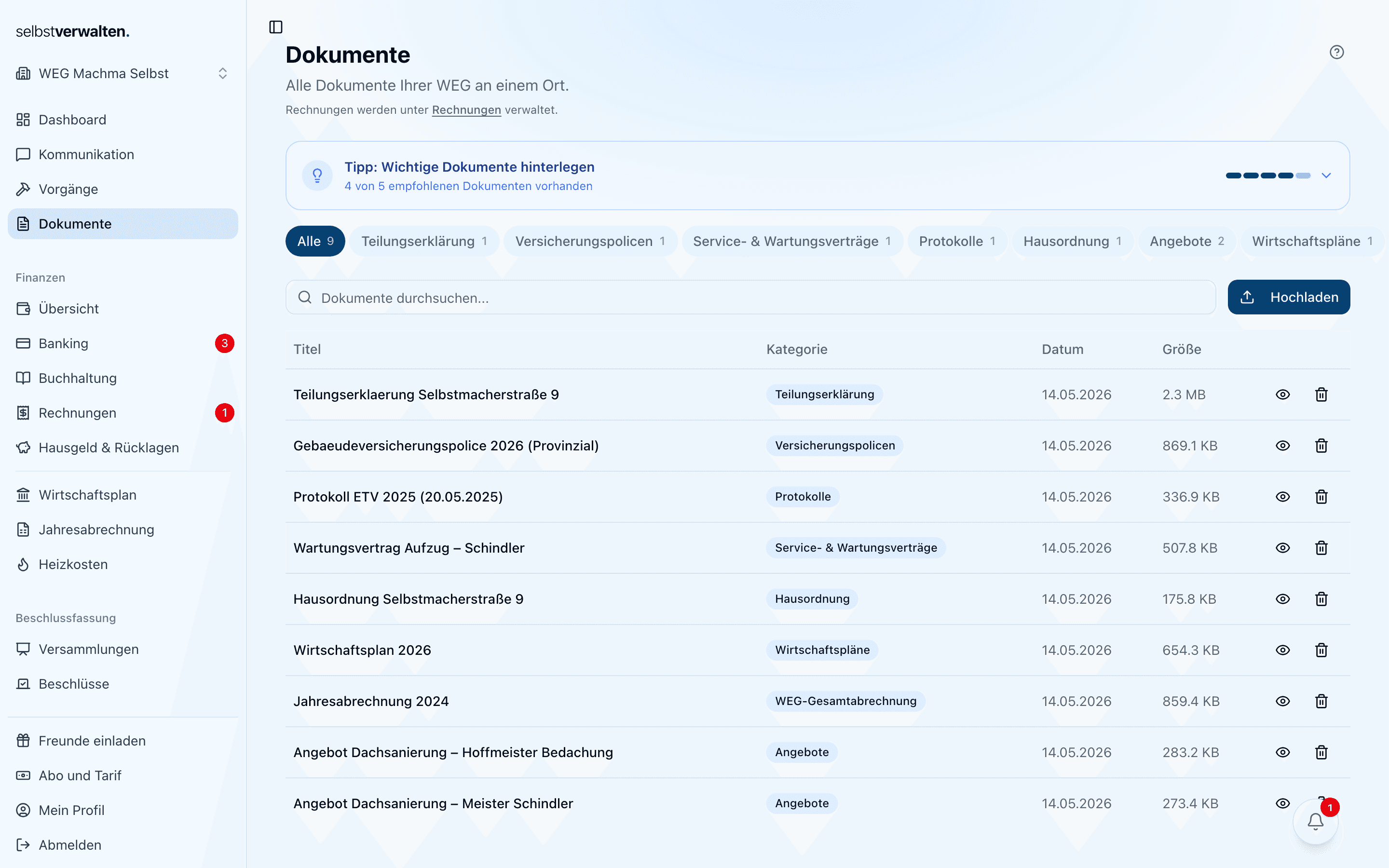 Dokumentenarchiv mit Kategorien und Suchfunktion