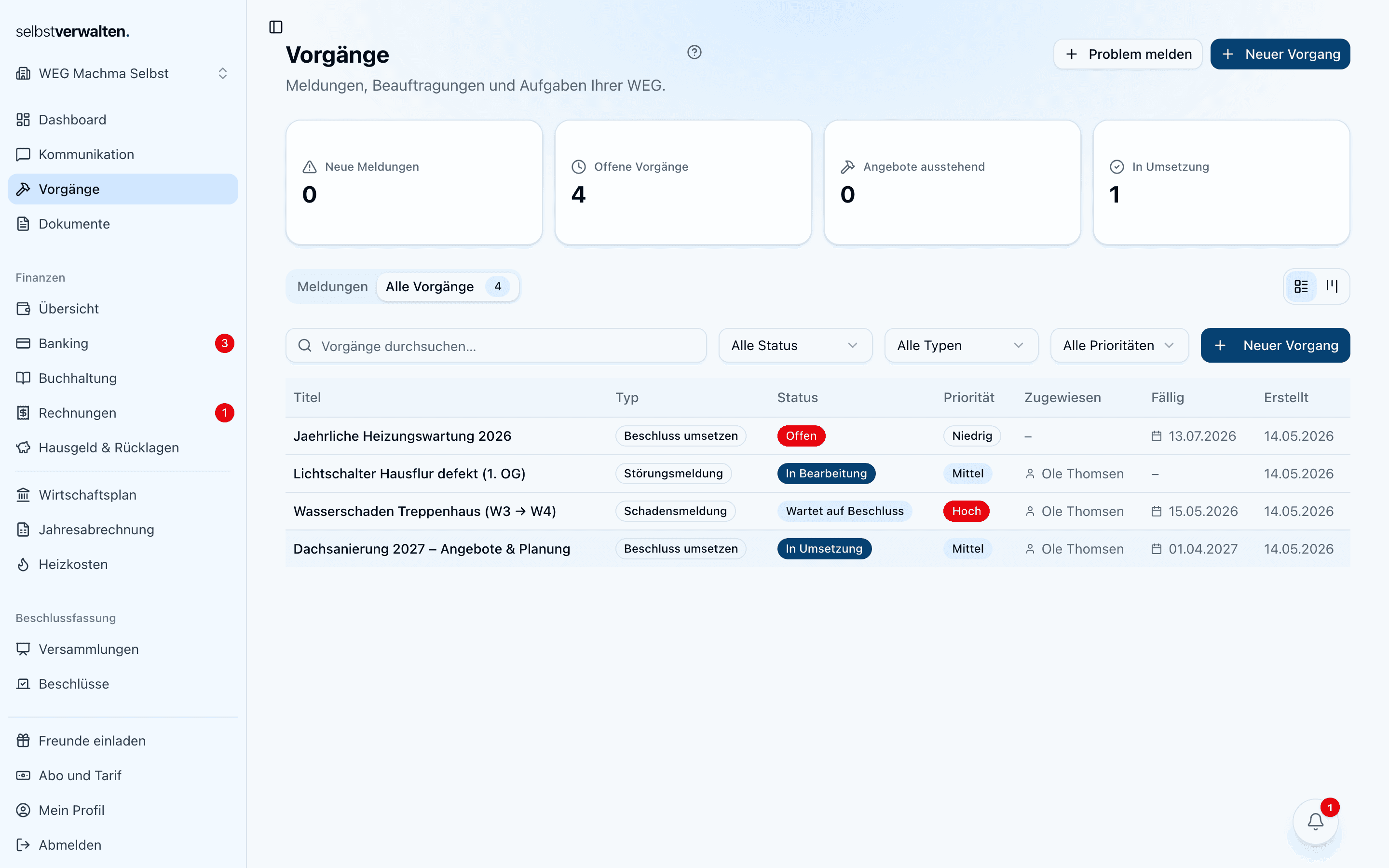 Vorgangsliste mit Status und Priorität