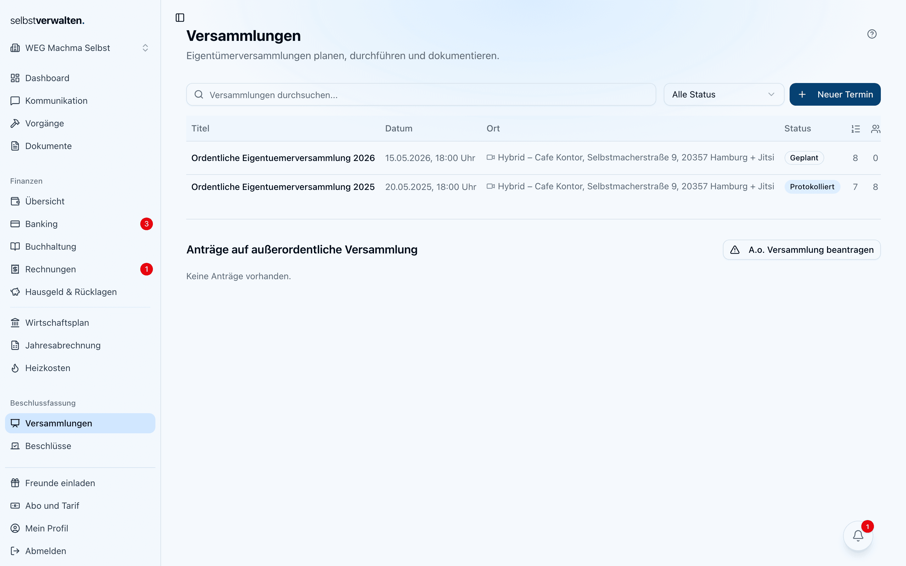Versammlungsübersicht mit geplanten und vergangenen ETVs