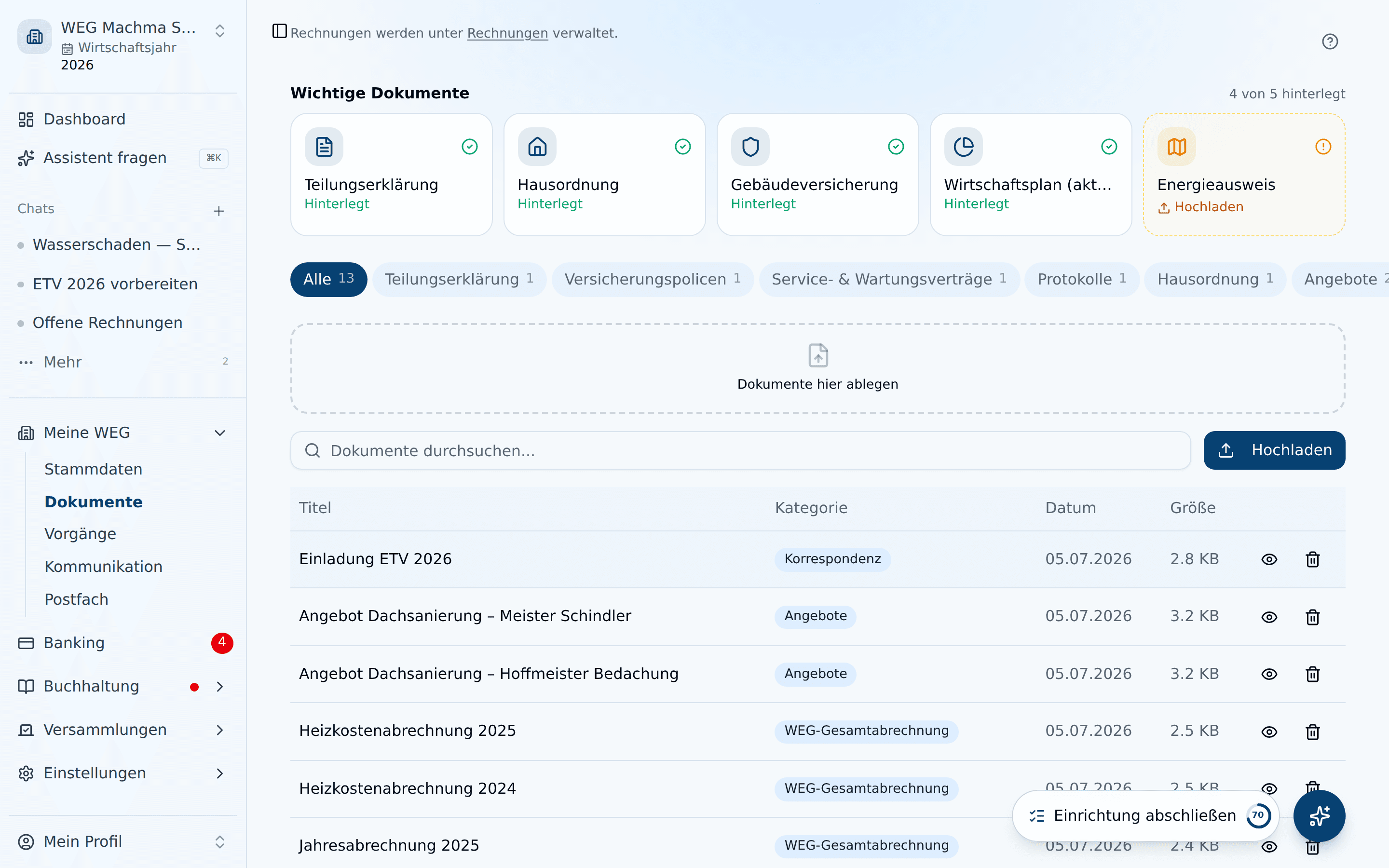 Dokumentenarchiv mit Kategorien und Suchfunktion