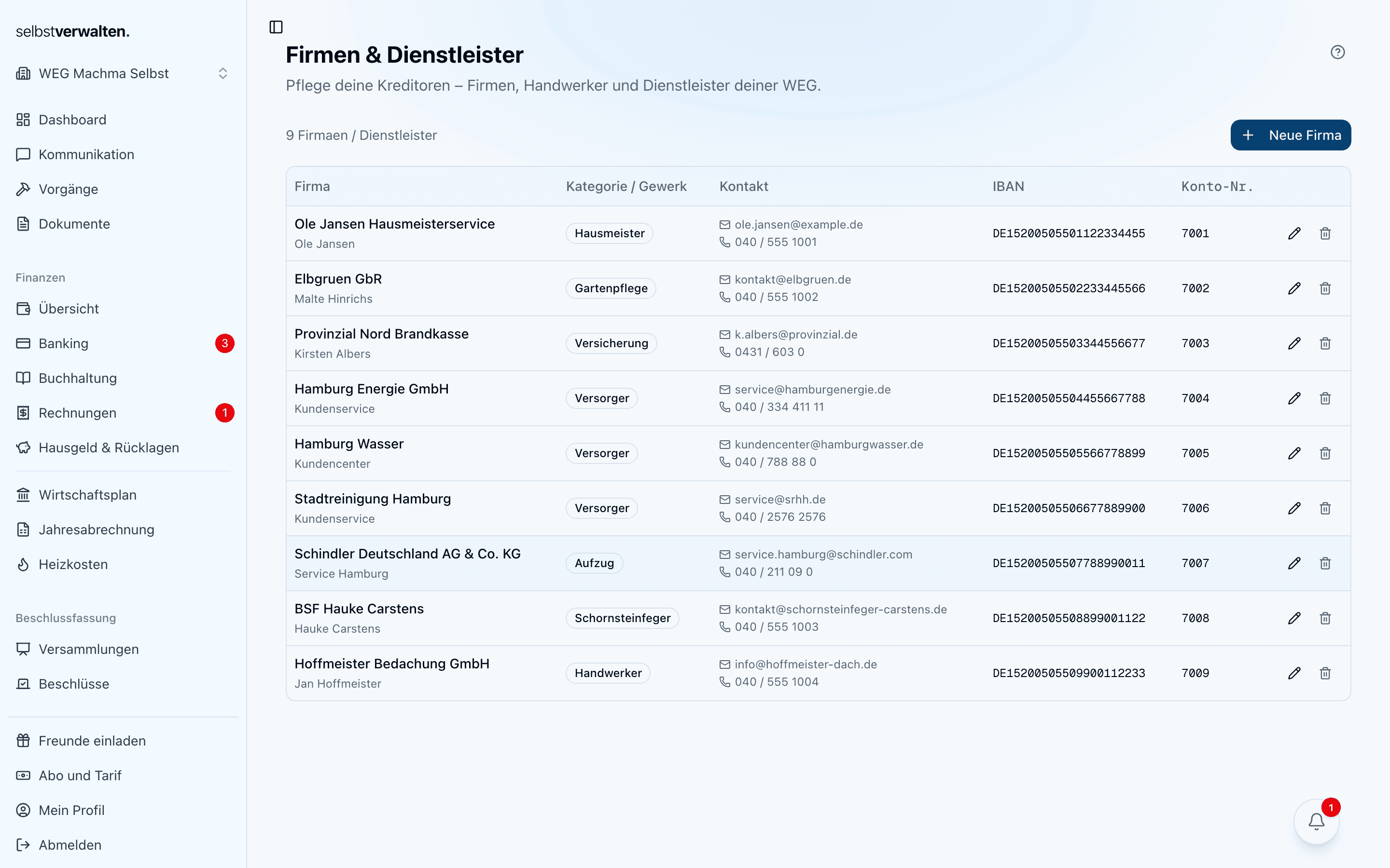 Firmenliste mit Kategorien und Kontaktdaten