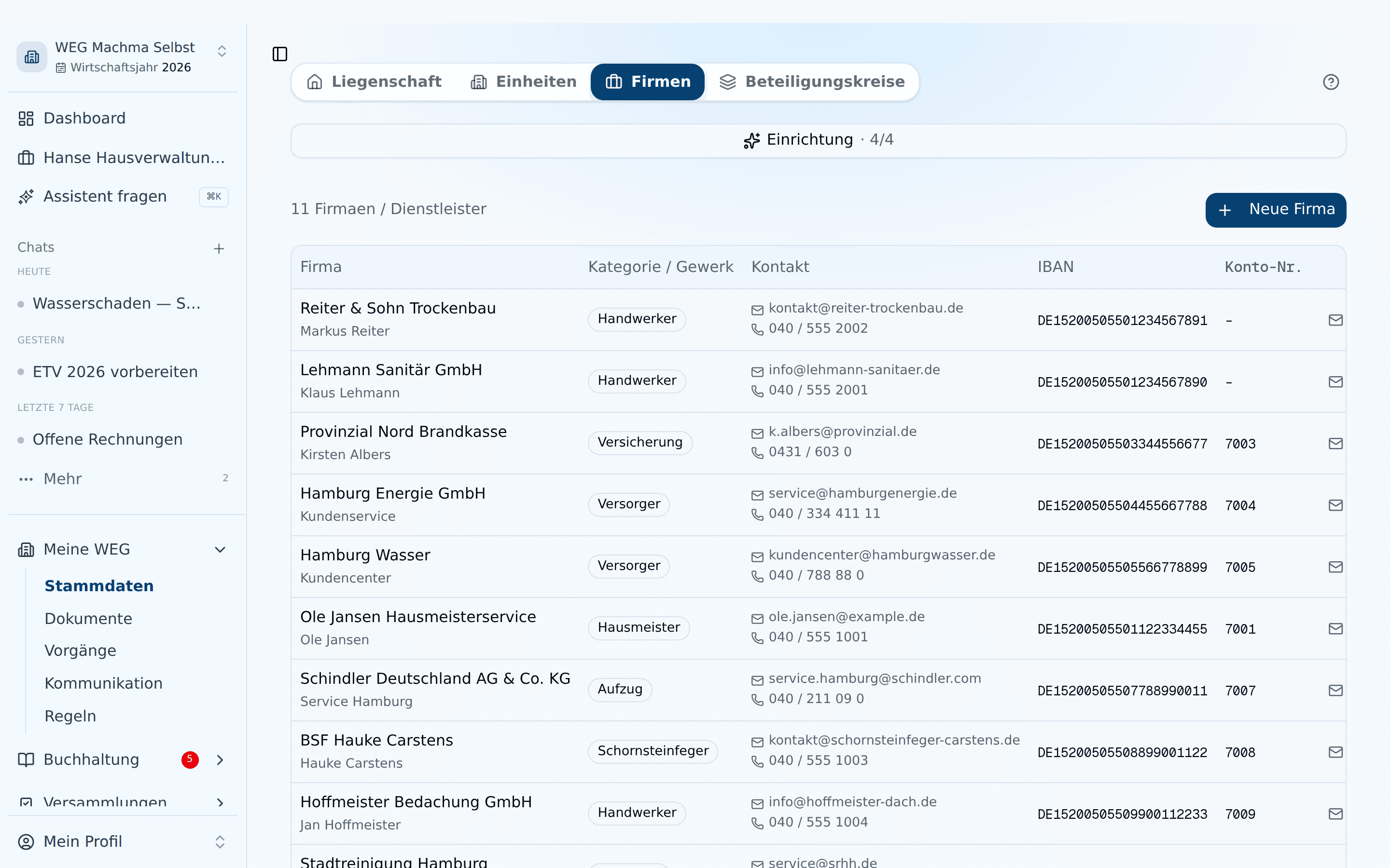 Firmenliste mit Kategorien und Kontaktdaten
