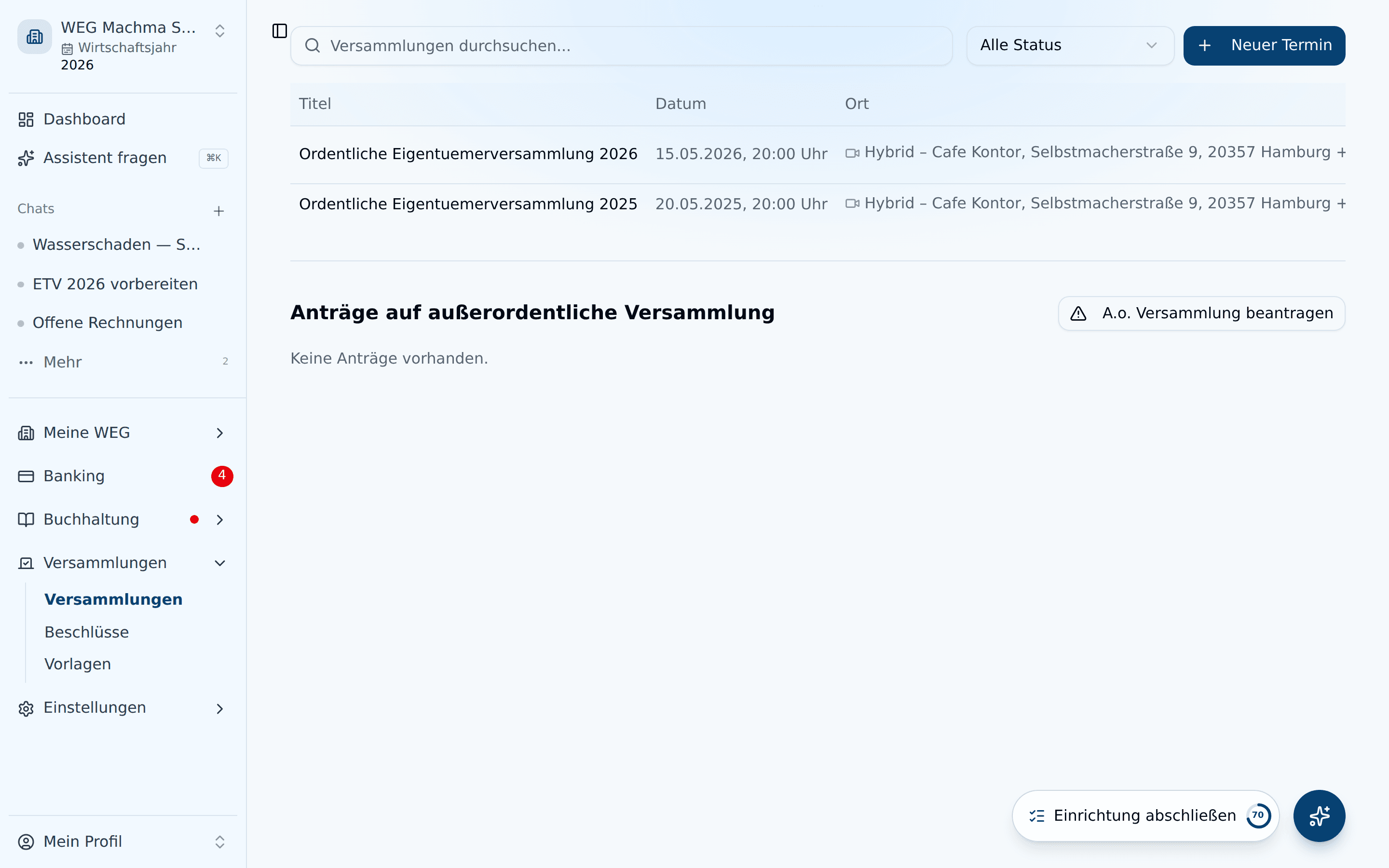 Versammlungsübersicht mit geplanten und vergangenen ETVs