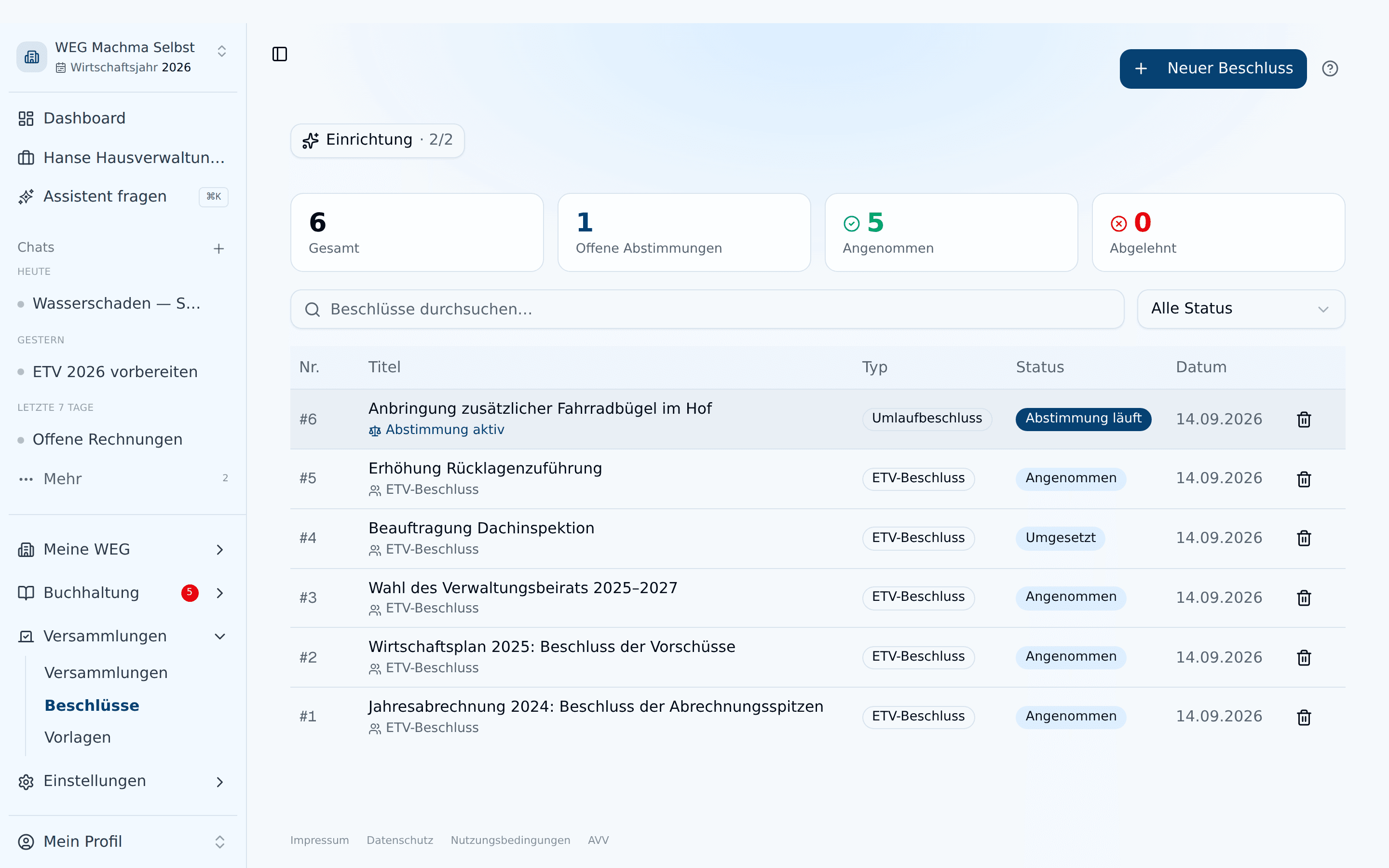 Beschlusssammlung mit Status und laufender Nummer