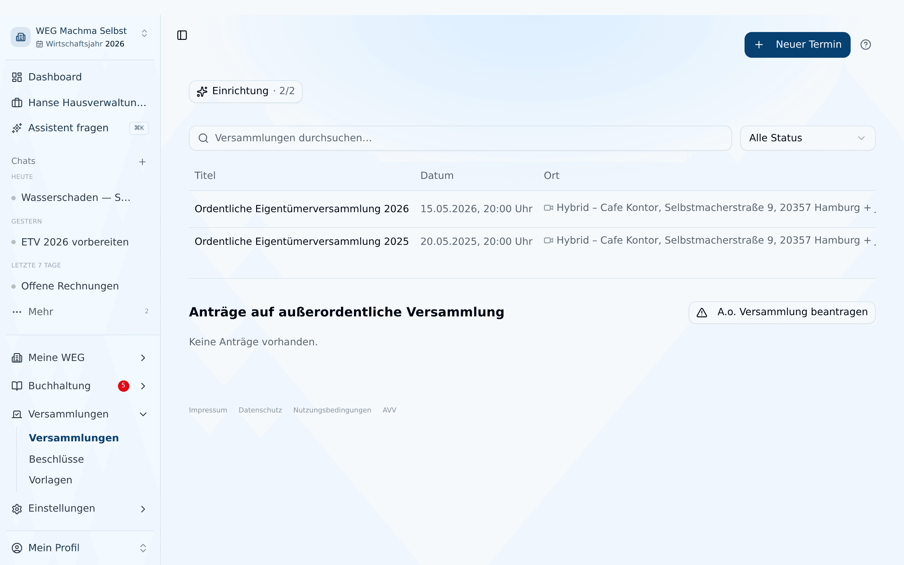 Versammlungsübersicht mit Suche, Statusfilter und Anträgen auf außerordentliche Versammlung