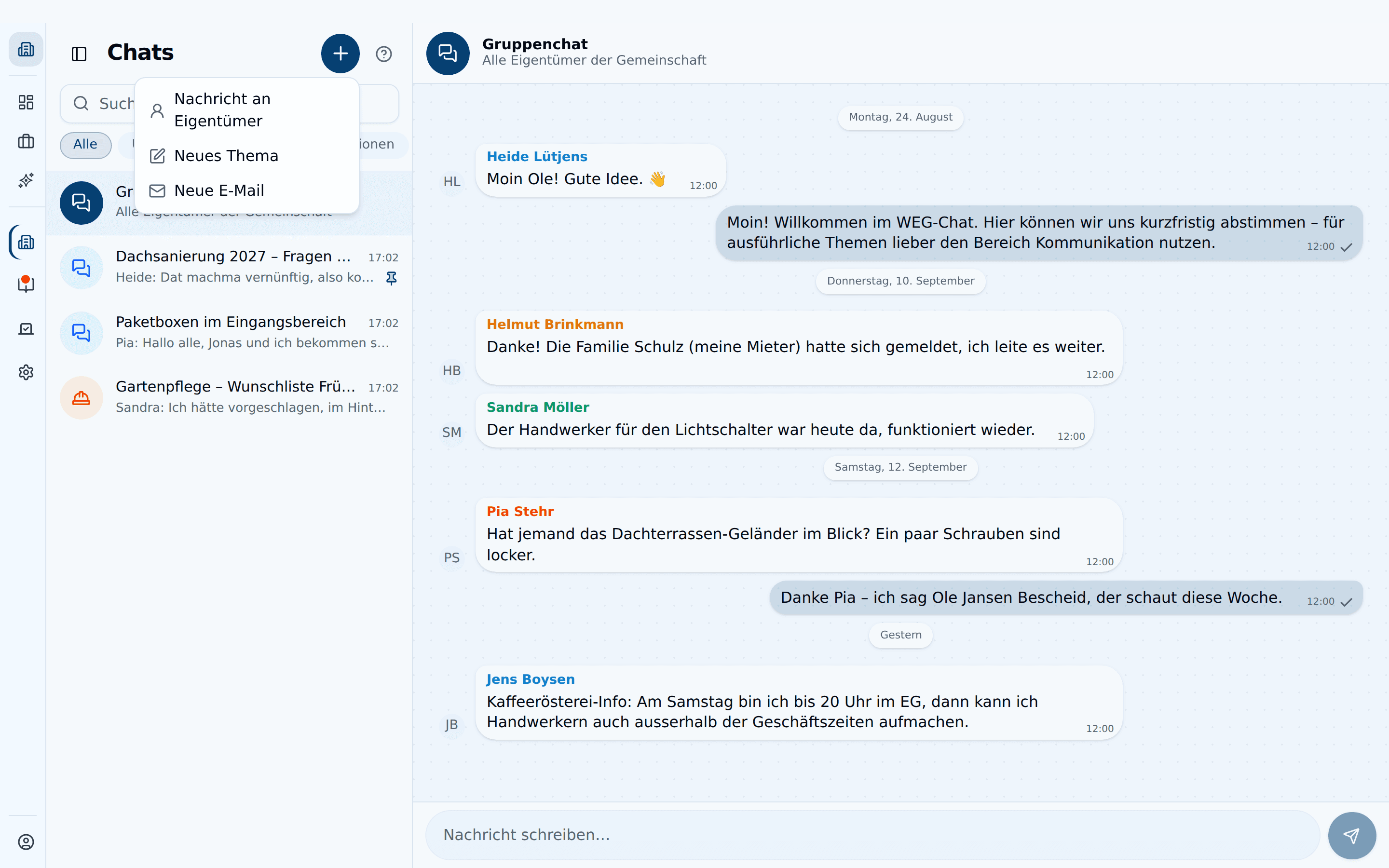 Geöffnetes Plus-Menü der Chat-Liste mit „Nachricht an Eigentümer", „Neues Thema" und „Neue E-Mail"