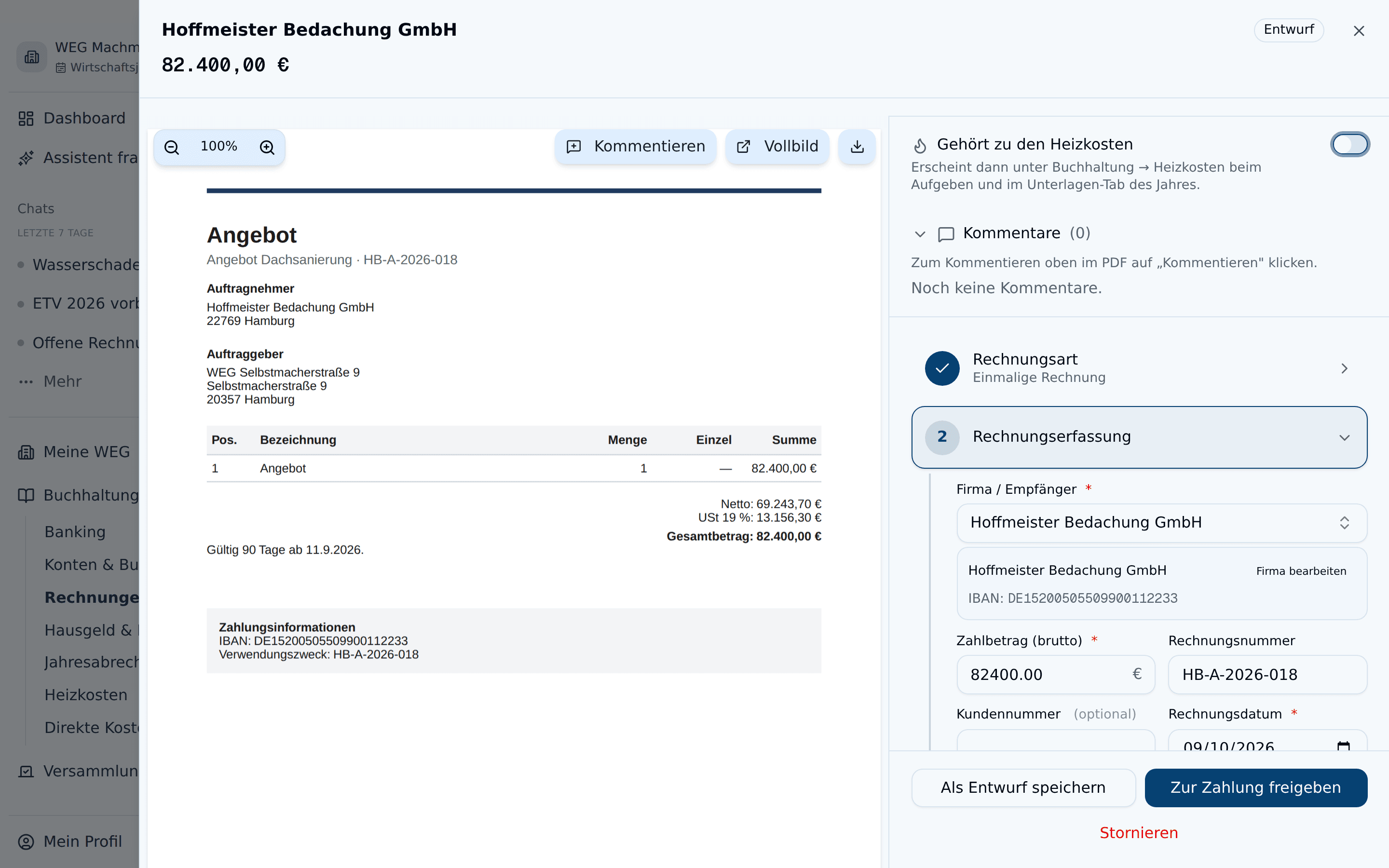 Geöffnetes Rechnungs-Sheet mit PDF-Vorschau, Kommentieren und den Schritten Rechnungsart und Rechnungserfassung