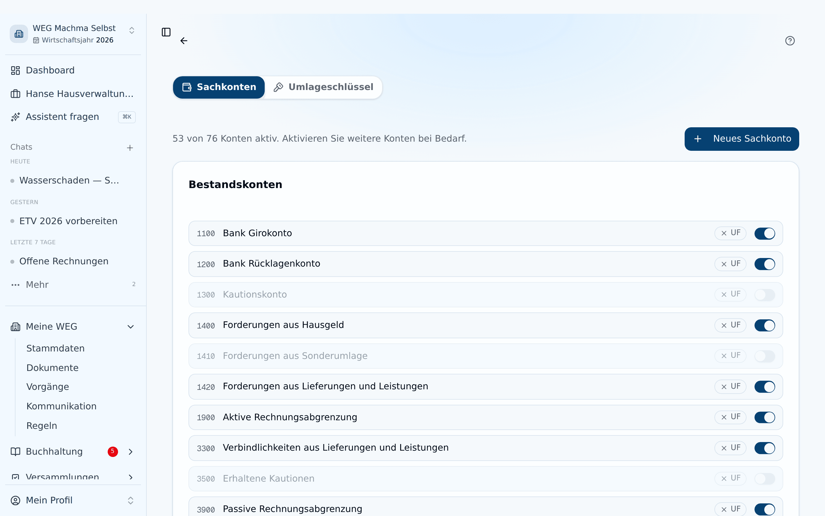 Sachkonten-Verwaltung in den Buchhaltungs-Einstellungen