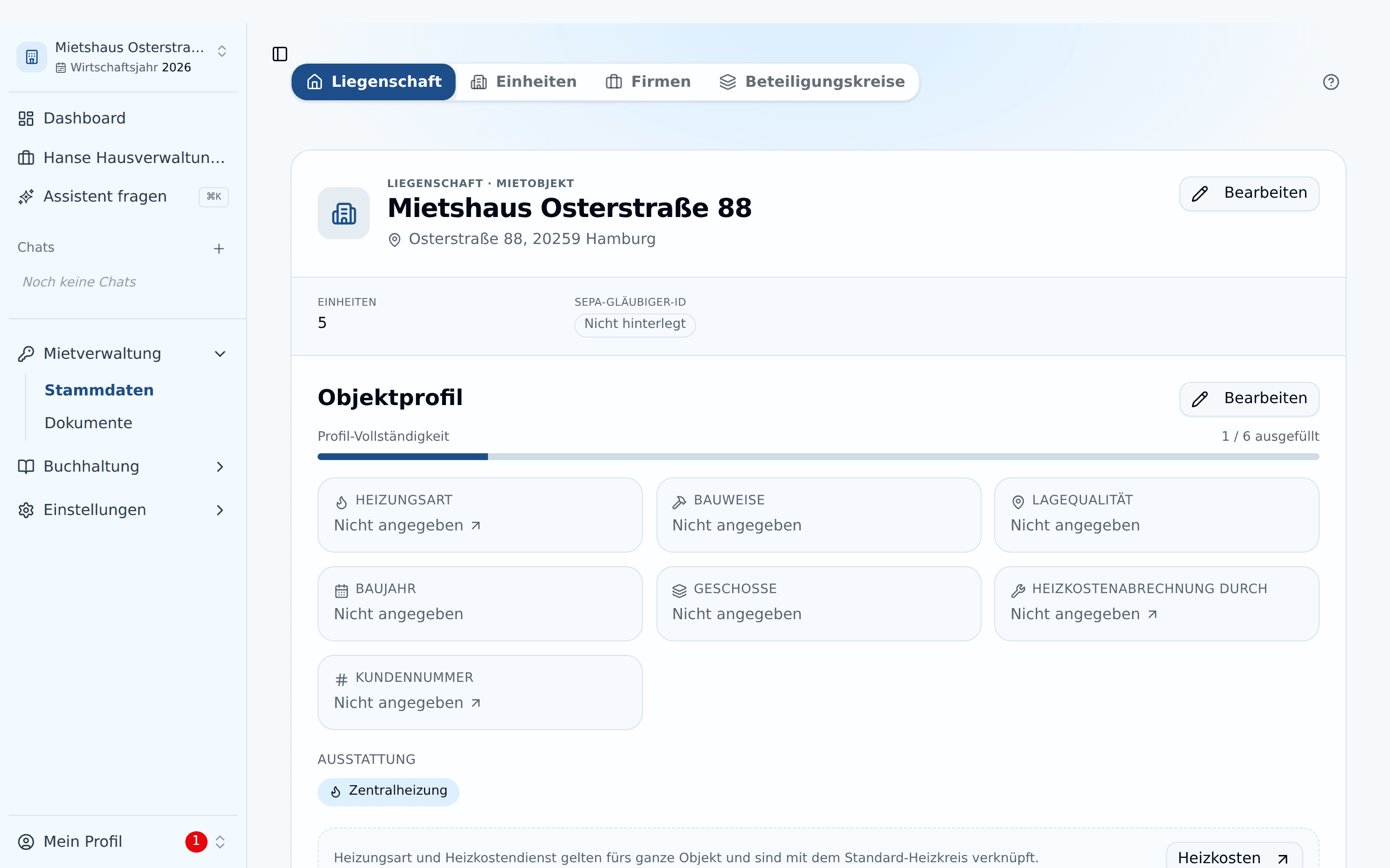 Stammdaten eines Mietobjekts mit den Tabs Liegenschaft, Einheiten, Firmen und Beteiligungskreise, Kopfdaten und Objektprofil