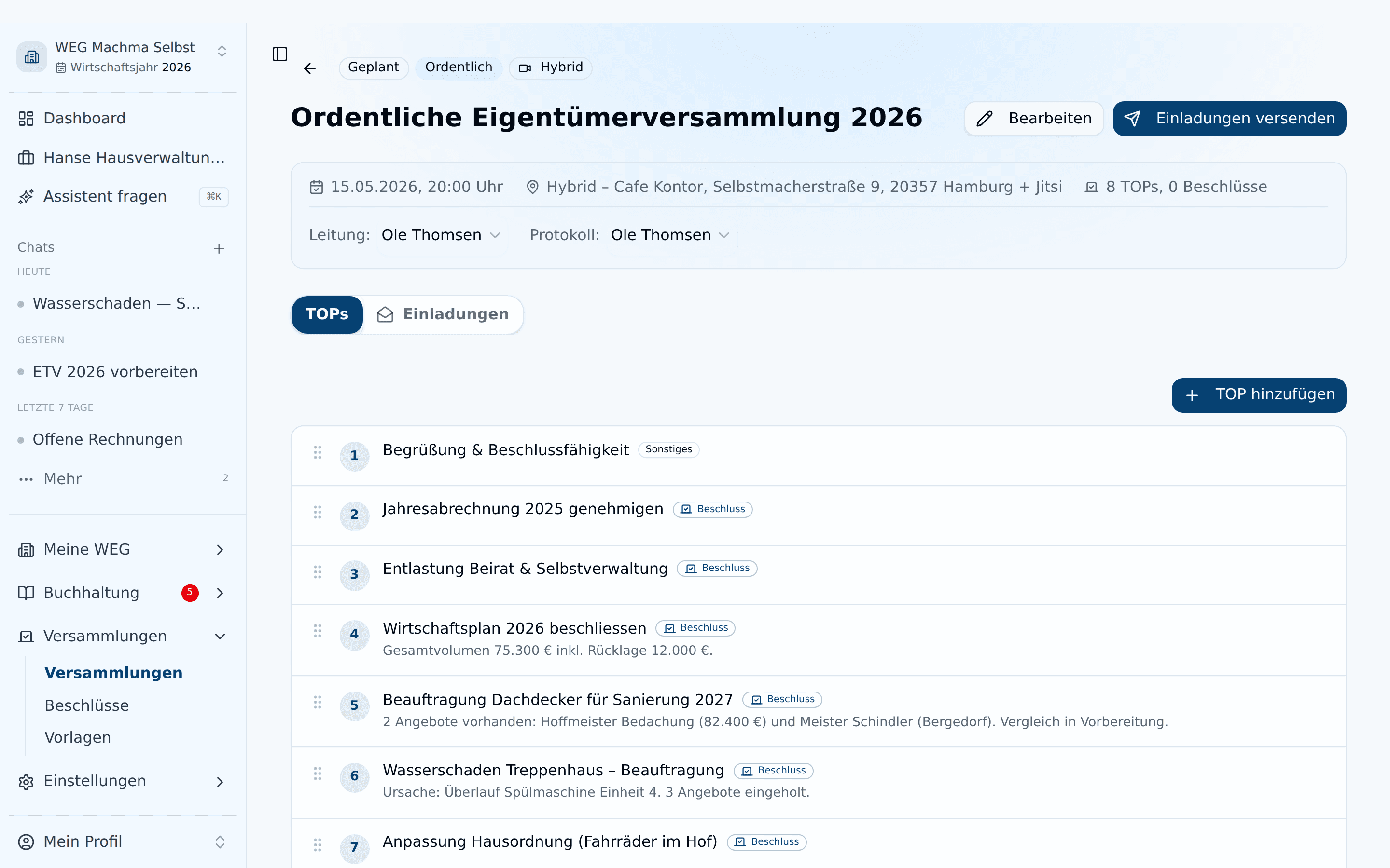 Tab TOPs der Versammlung mit nummerierten Tagesordnungspunkten, TOP-Typen und dem Button TOP hinzufügen