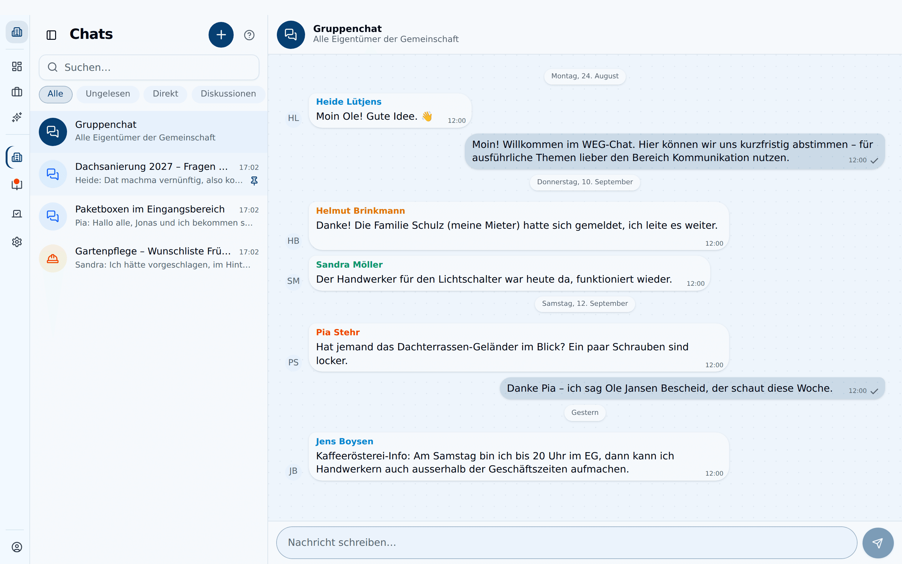 Kommunikation mit Chat-Liste und geöffneter Unterhaltung