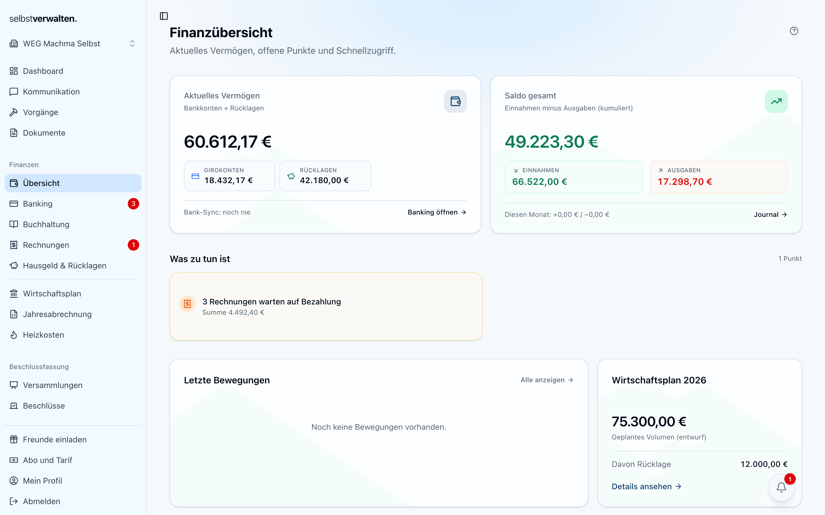 Finanzübersicht mit Kontostand und Transaktionen