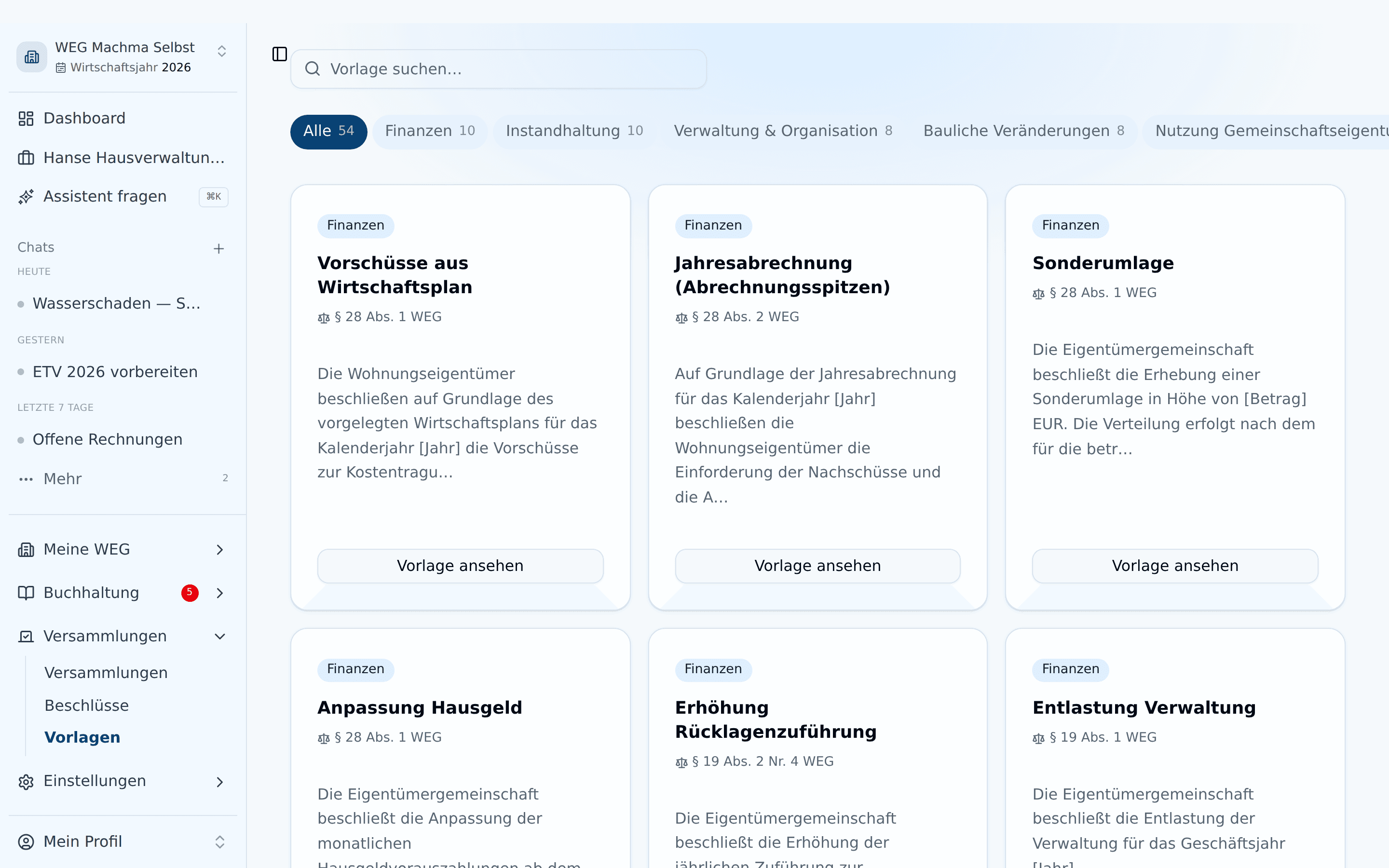Vorlagenkatalog mit Suche und Kategorie-Reitern