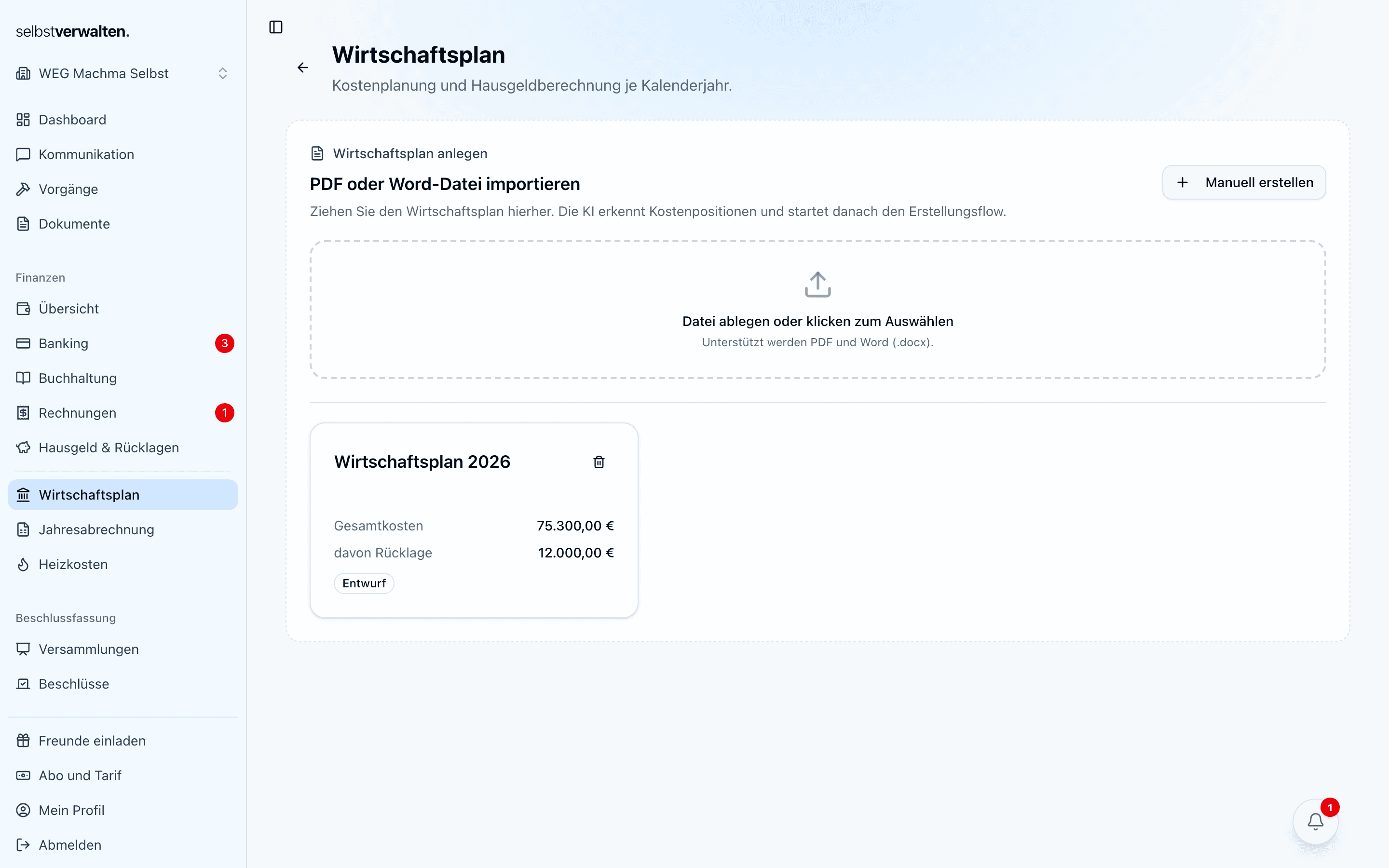Wirtschaftsplan-Übersicht