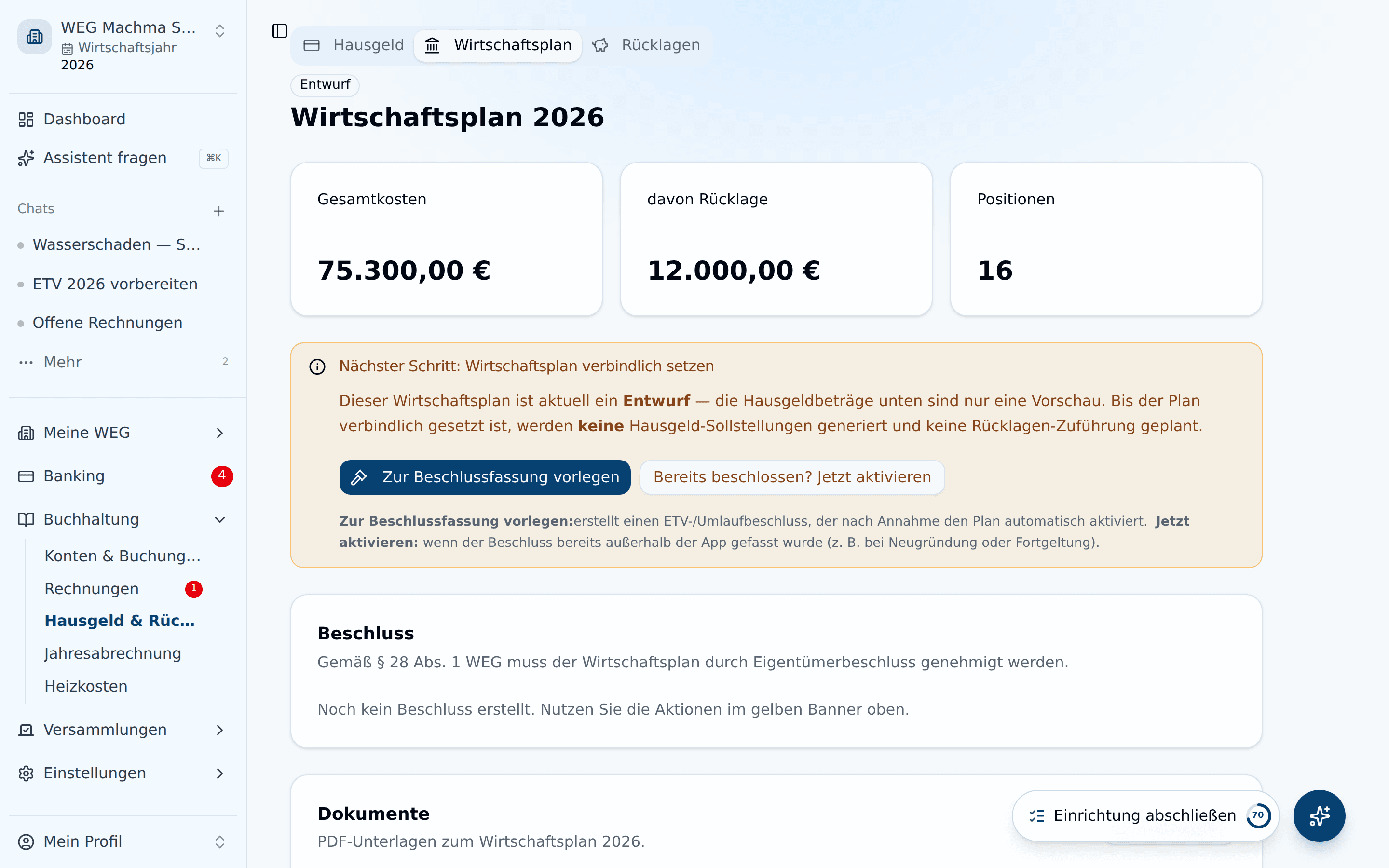 Wirtschaftsplan-Übersicht