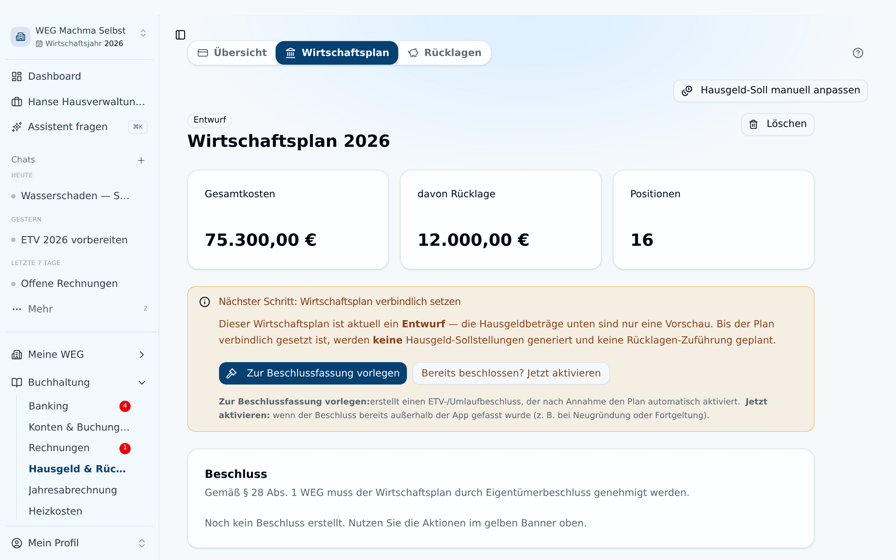 Wirtschaftsplan-Entwurf mit Kennzahlen und dem Hinweis zum verbindlich Setzen