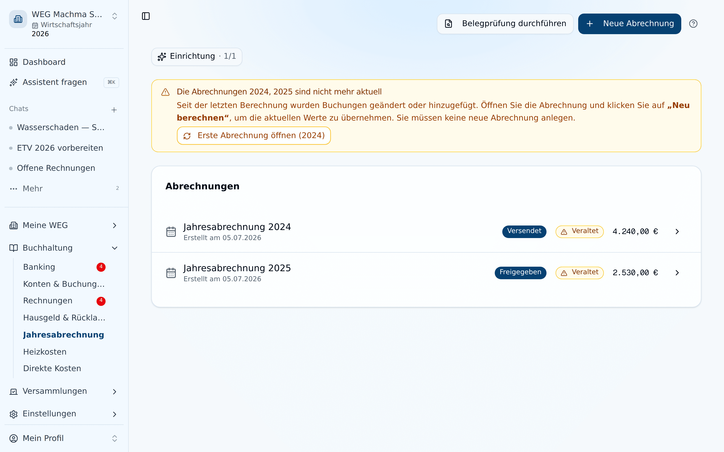 Modul Jahresabrechnung mit der Liste der Abrechnungen
