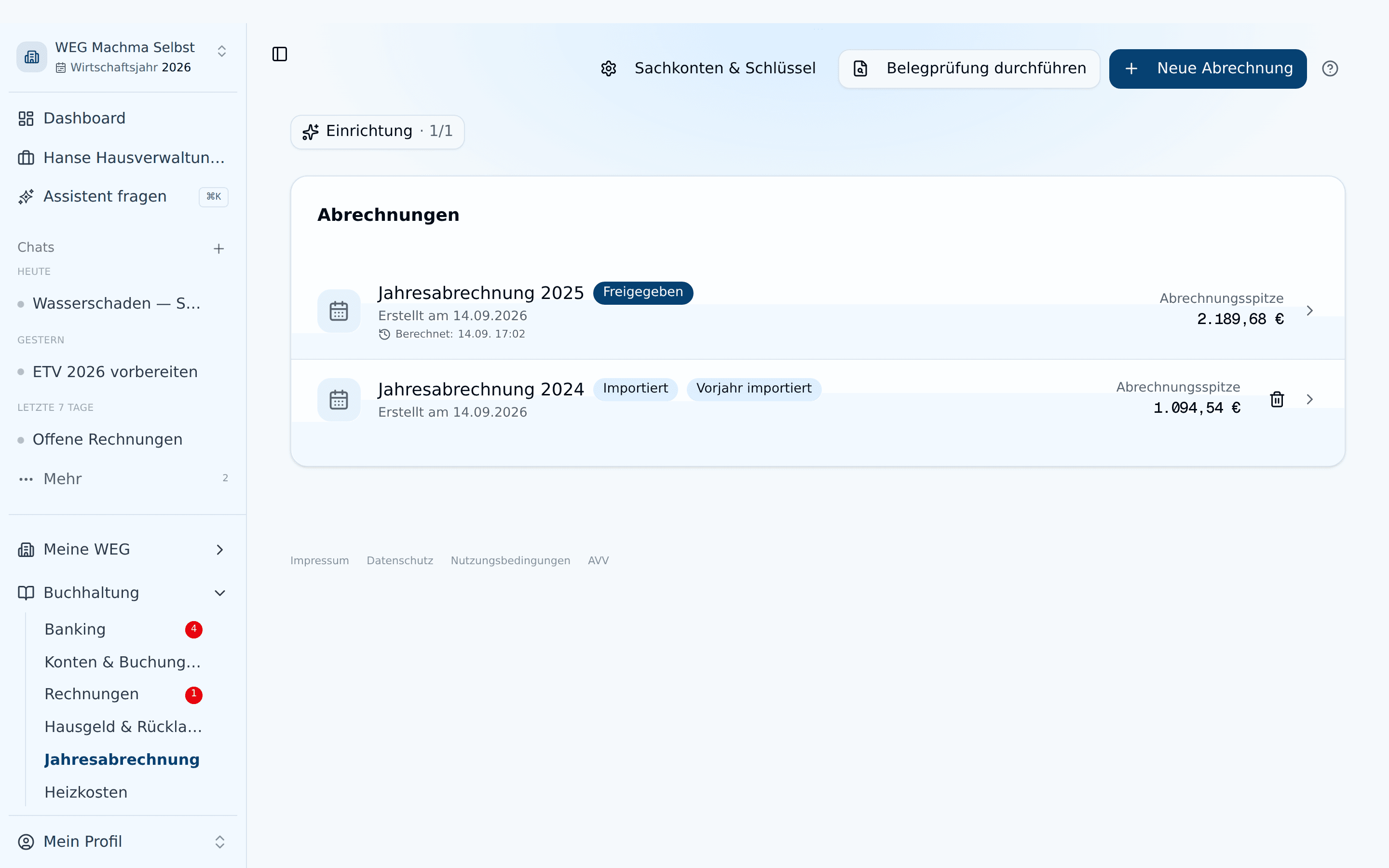 Übersicht der Jahresabrechnungen mit Status, Veraltet-Hinweis und Abrechnungsspitze