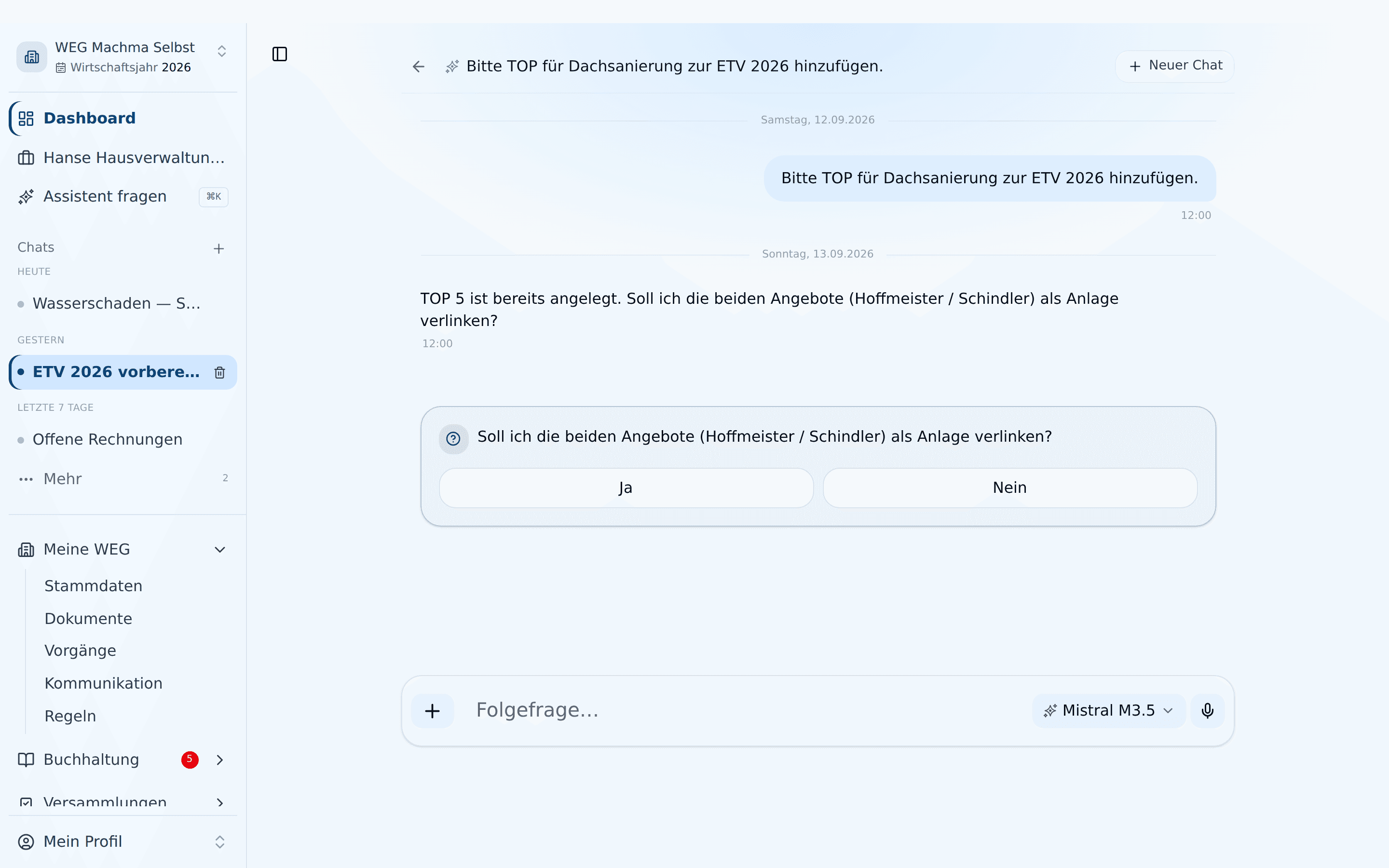 Chat mit dem Assistenten: Rückfrage mit den Antwort-Buttons Ja und Nein