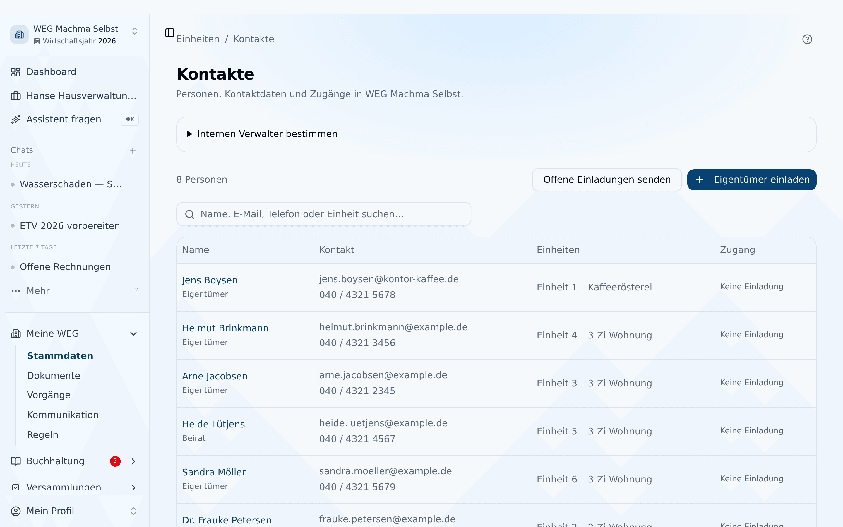 Seite Kontakte mit den Buttons Offene Einladungen senden und Eigentümer einladen sowie dem Zugang je Person