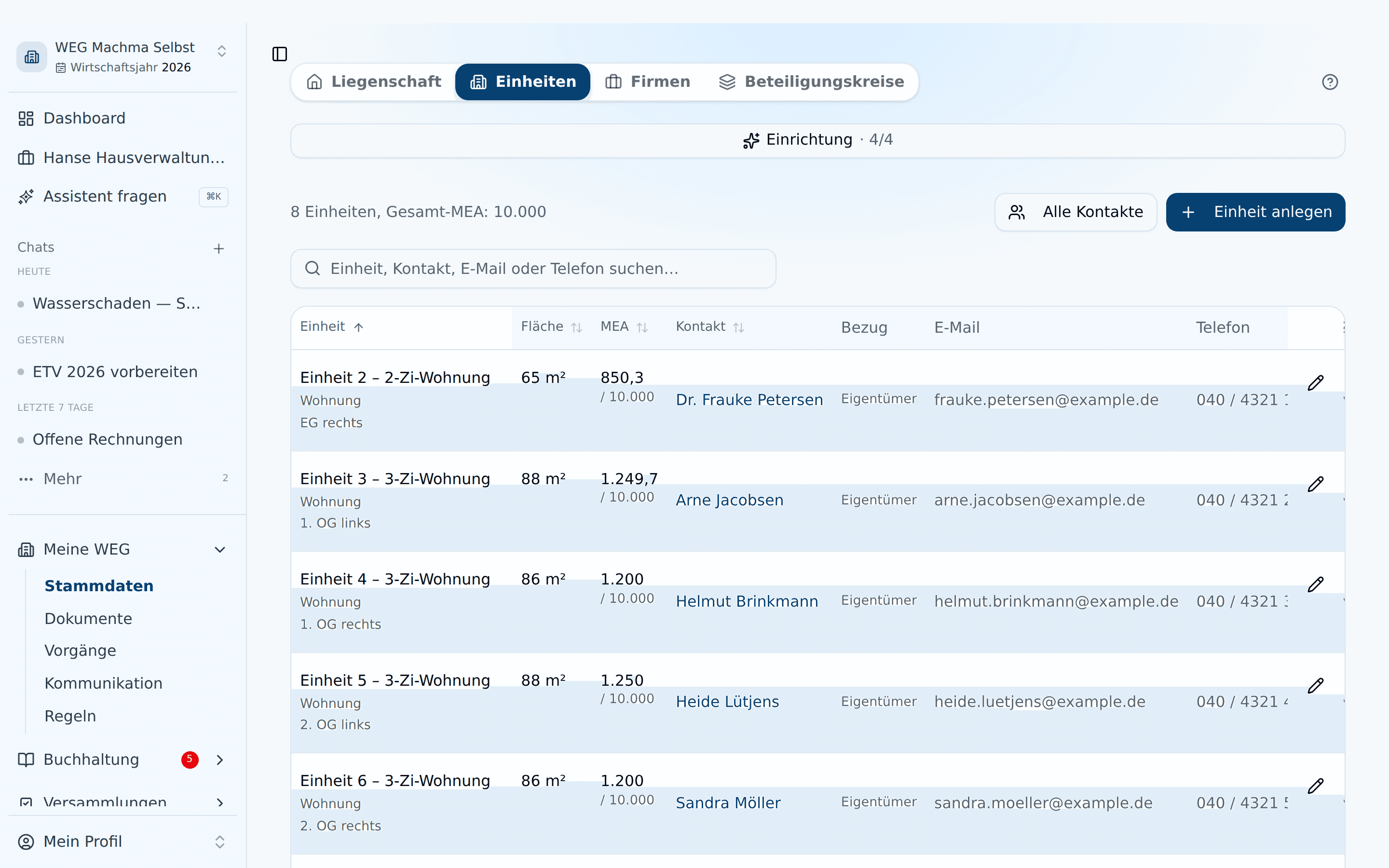 Tab Einheiten: gemeinsame Tabelle aus Einheiten und Kontakten mit Fläche, MEA, Bezug, E-Mail und Telefon