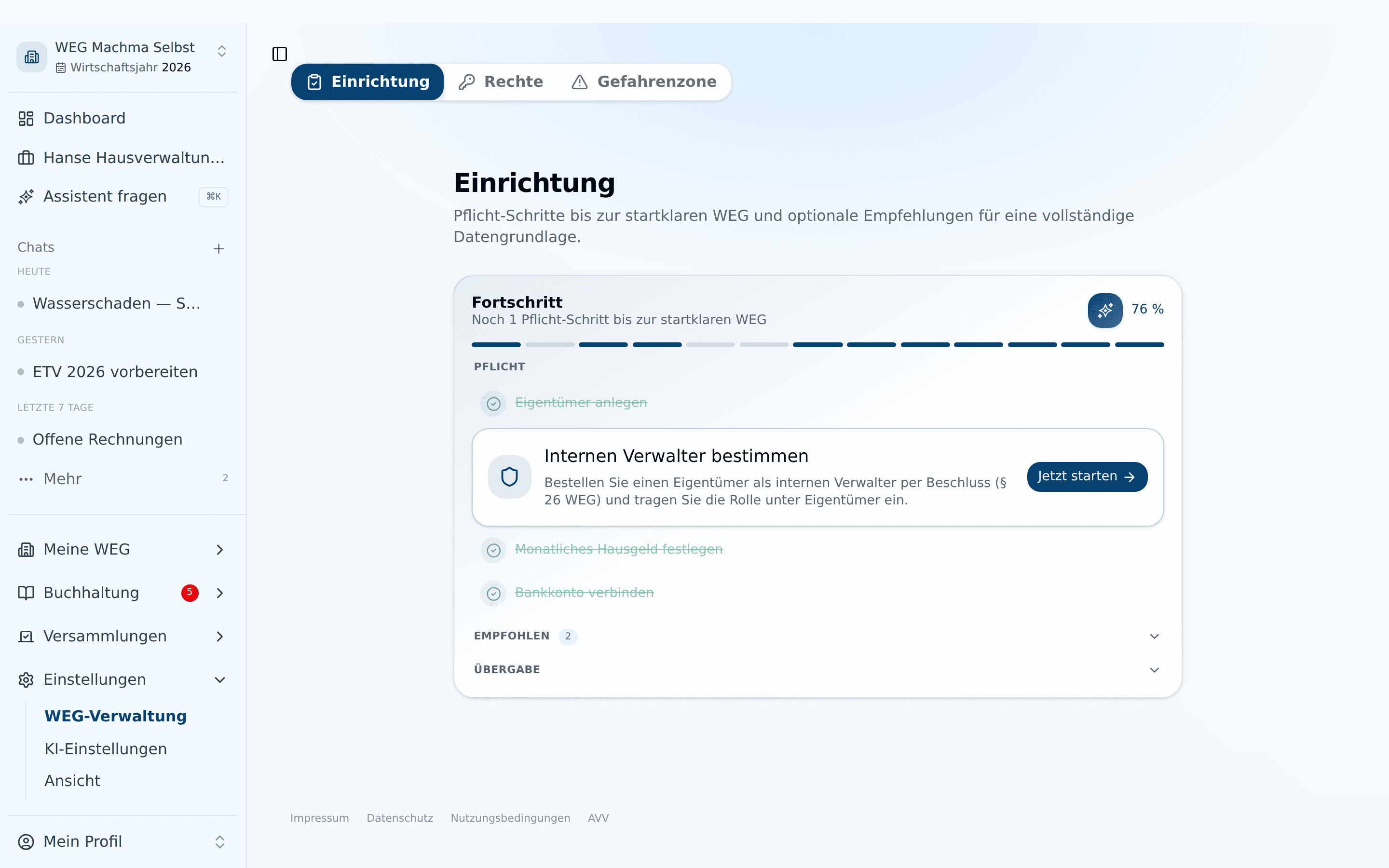 Der Tab „Einrichtung" unter WEG-Verwaltung mit Fortschrittsbalken und den Pflicht-Schritten