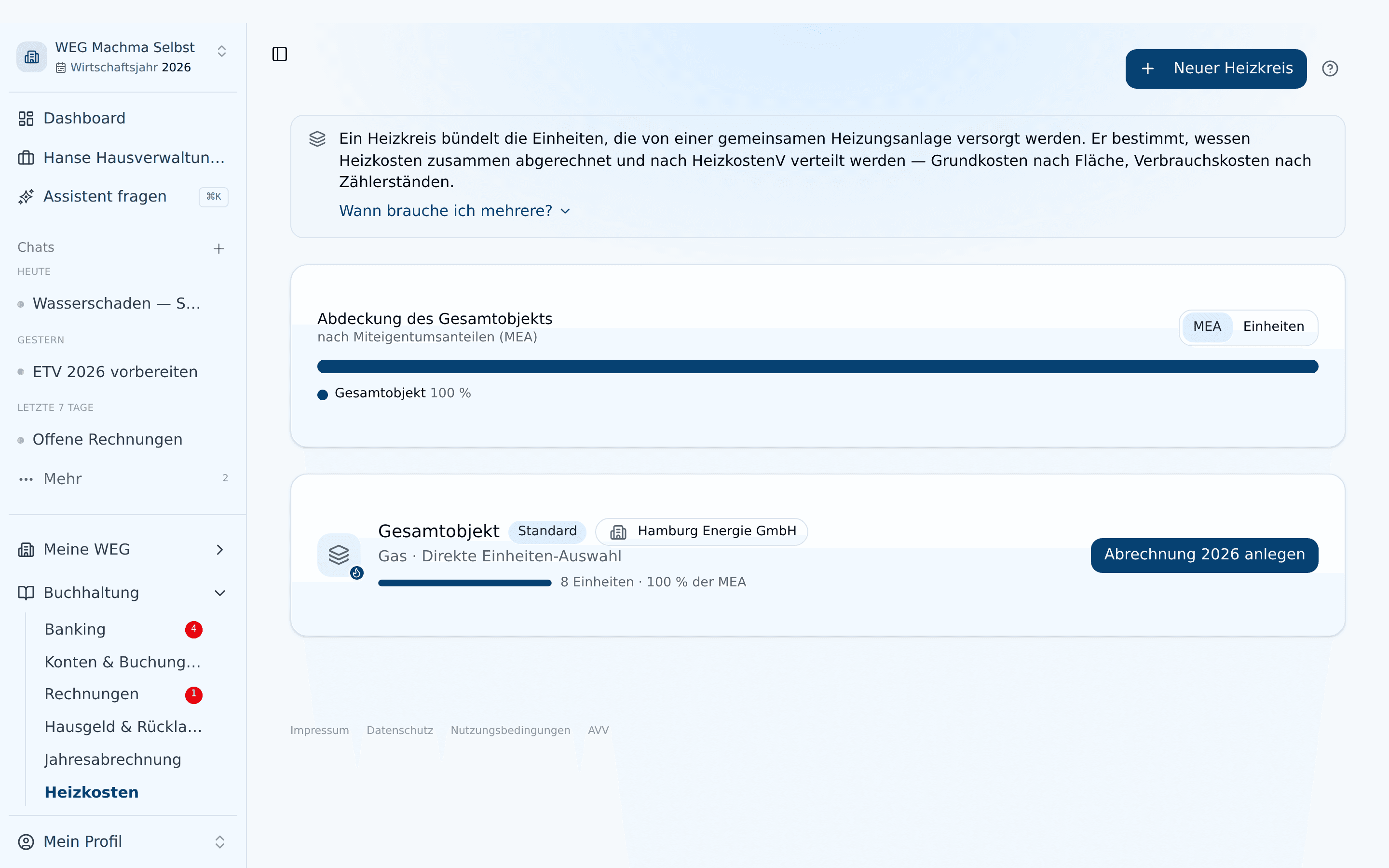 Heizkreis-Detailseite mit den Tabs Stammdaten, Heizkosten aufgeben, Abrechnung einlesen und Unterlagen