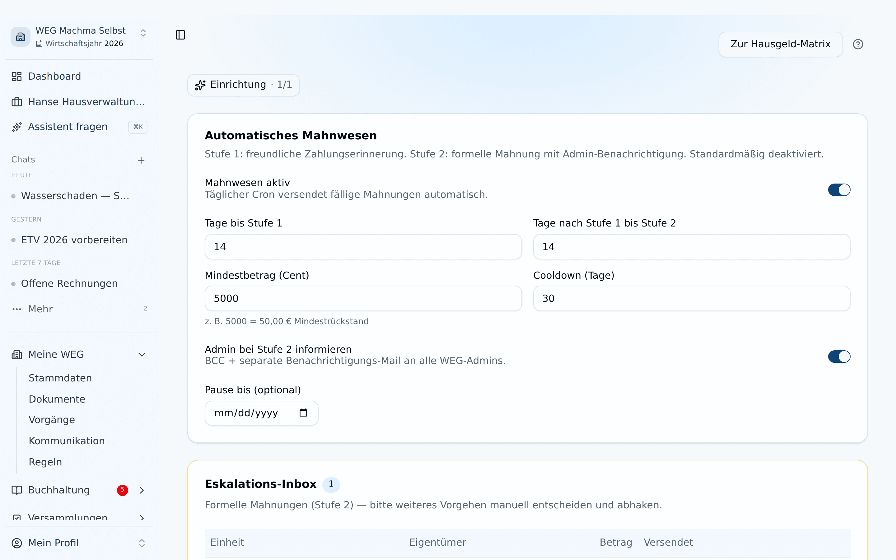 Mahnwesen mit Einstellungen, Eskalations-Inbox und Historie
