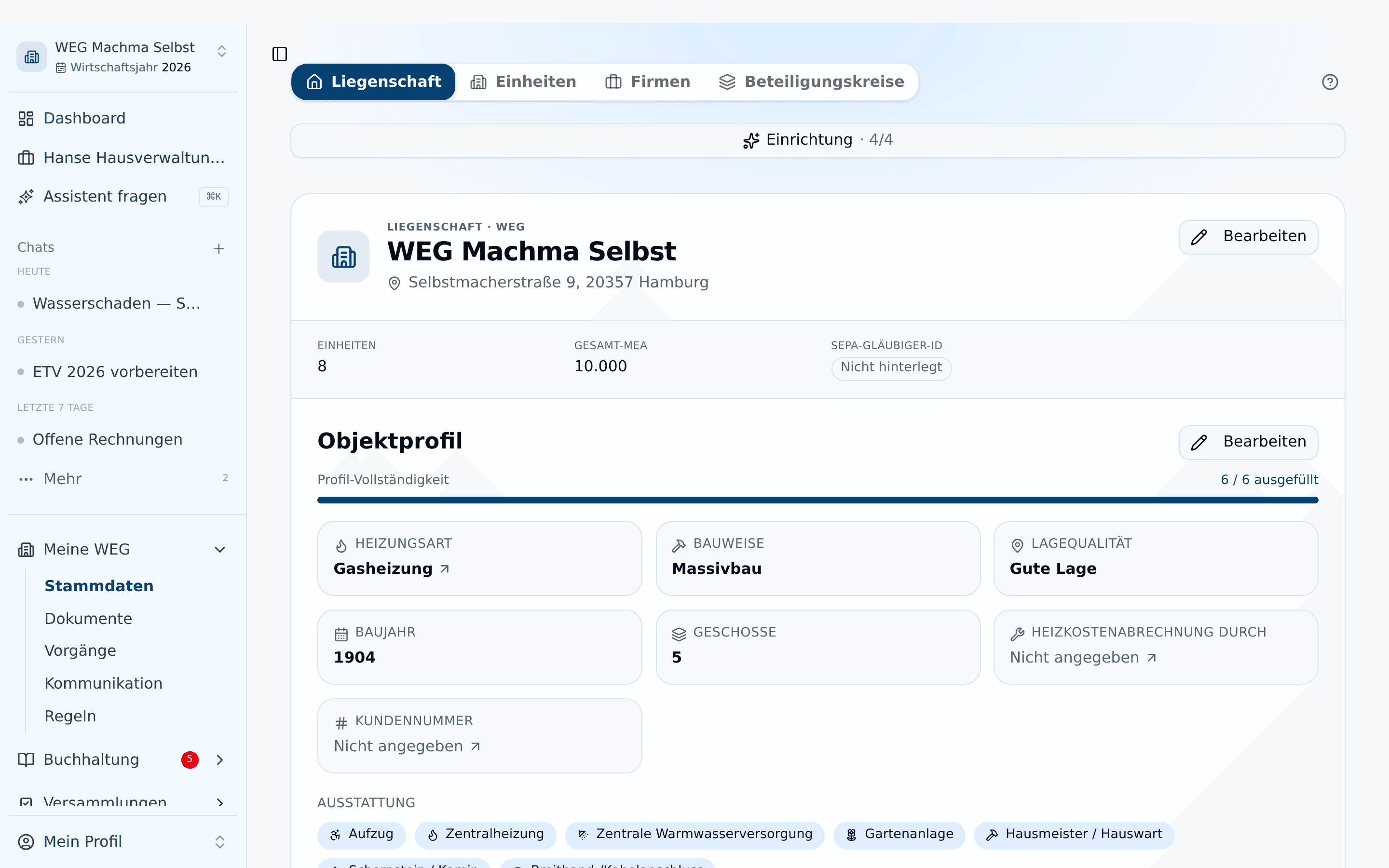 Tab Liegenschaft mit Steckbrief und Objektprofil