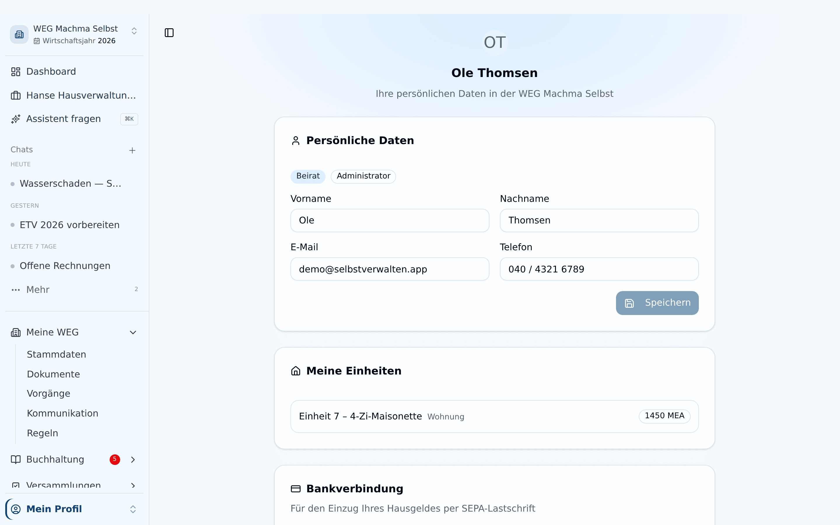 Die Profilseite mit den Karten Persönliche Daten, Meine Einheiten und Bankverbindung