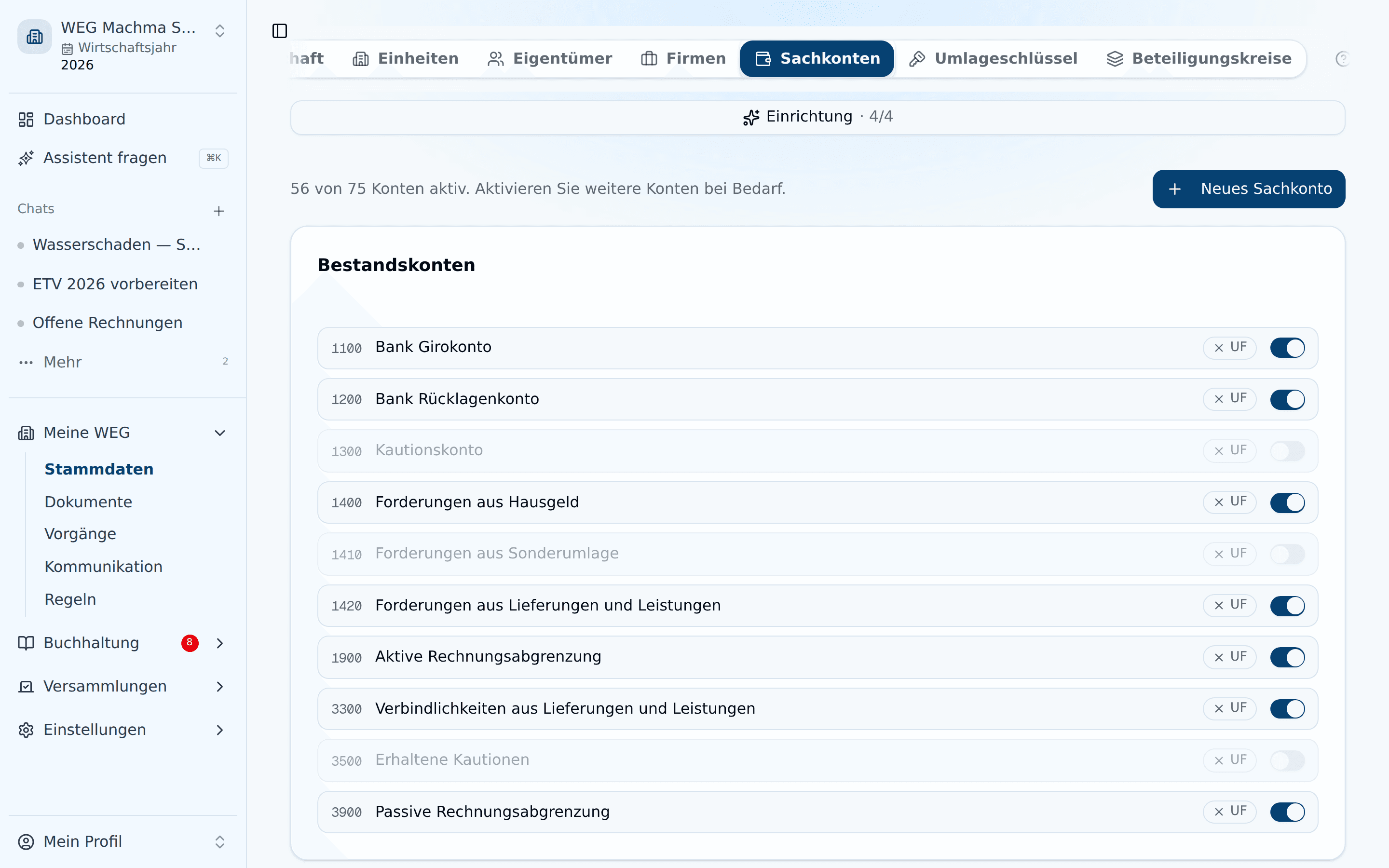 Sachkonten-Verwaltung im Tab Sachkonten