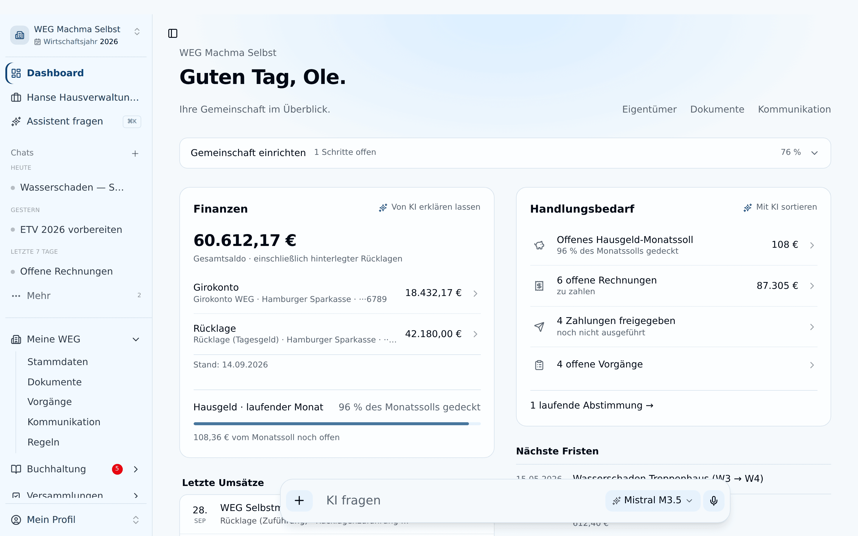 Die Startseite nach der Anmeldung
