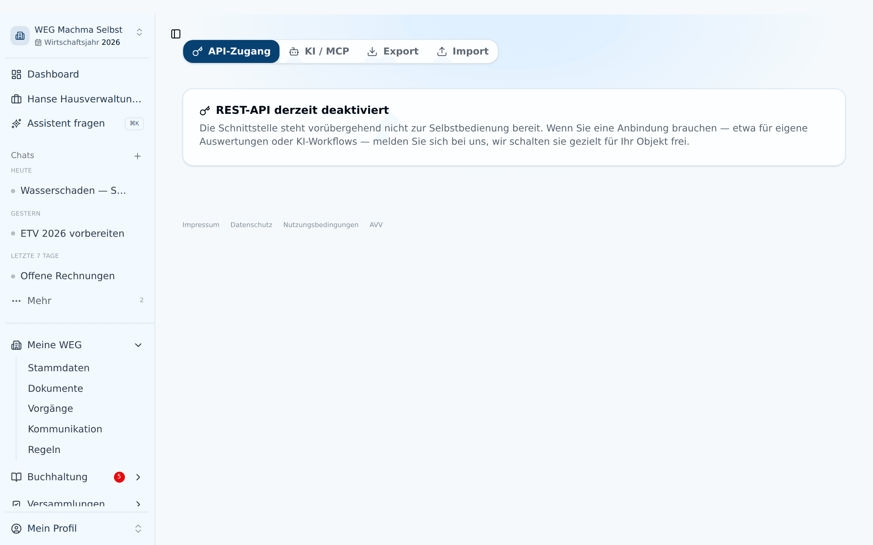 Reiter „API-Zugang" mit API-Keys und Dokumentation